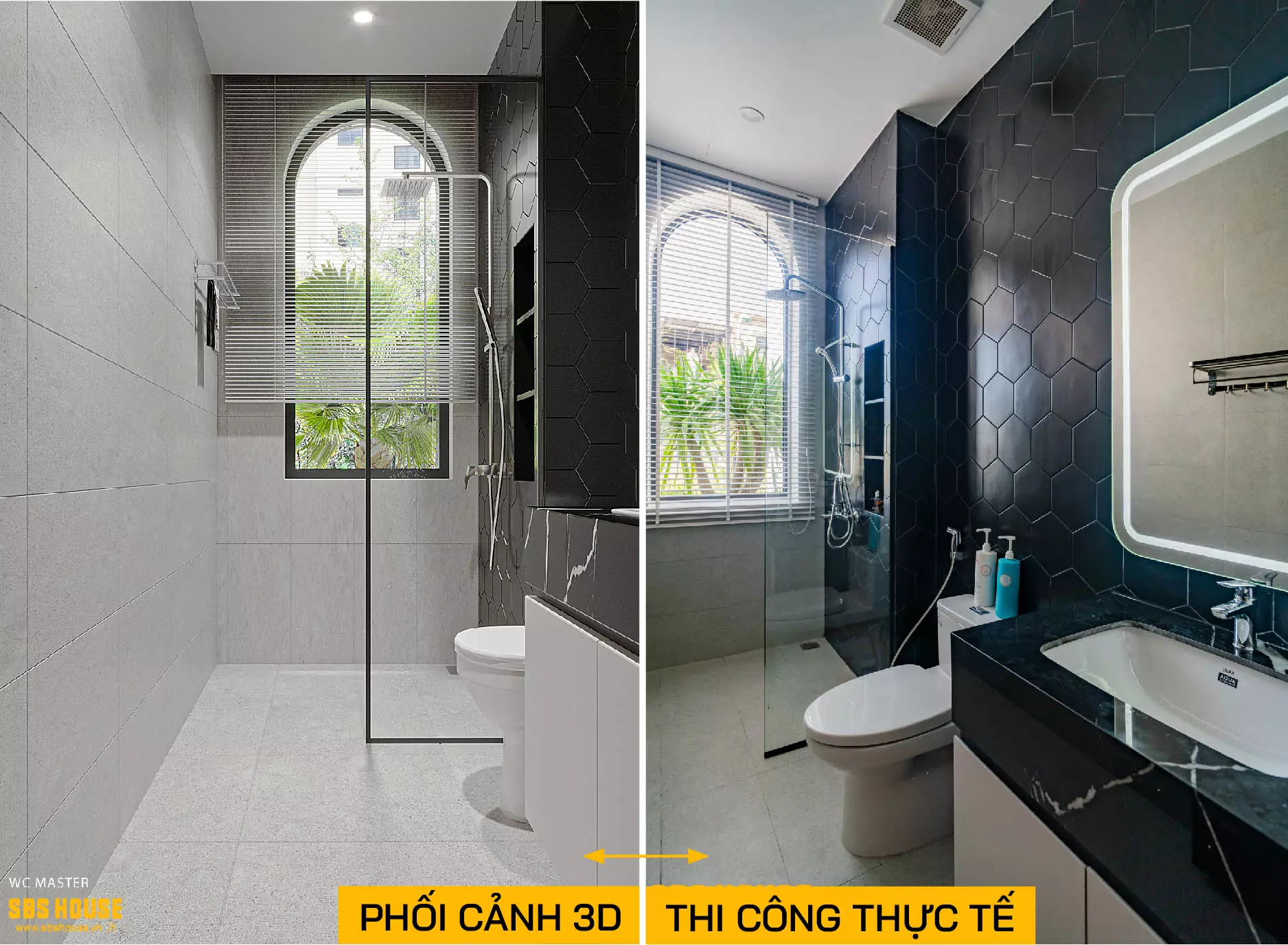 Ảnh so sánh phòng wc thiết kế và 3D