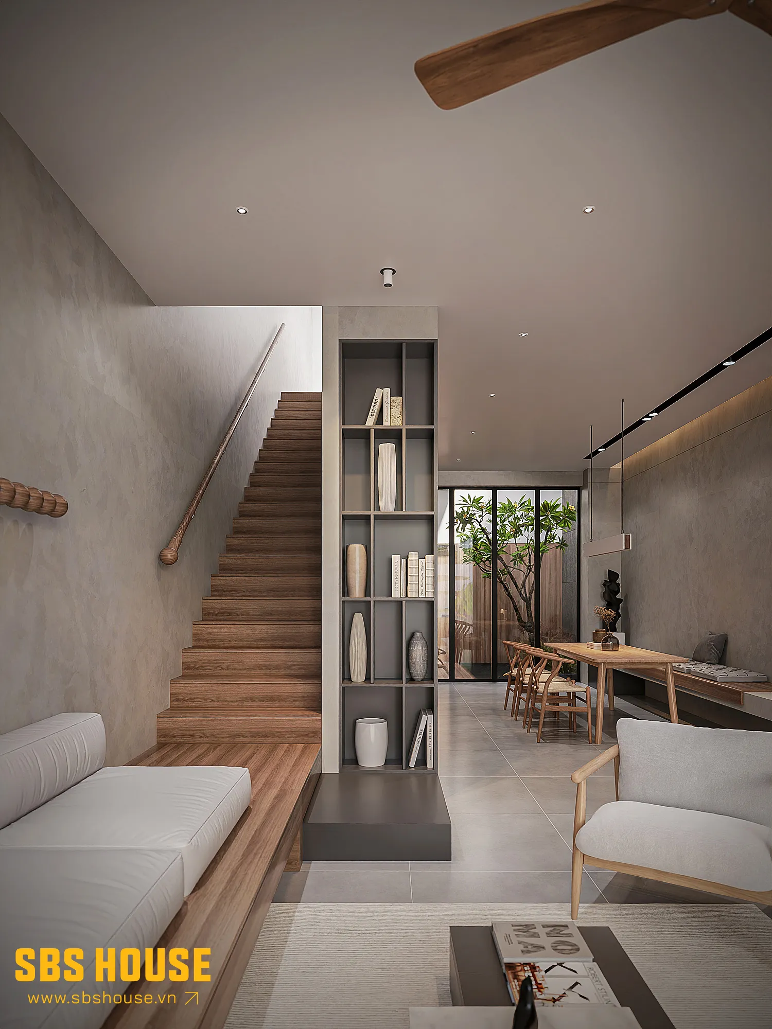 mẫu cầu thang giữa 2 mặt tường nhà phố