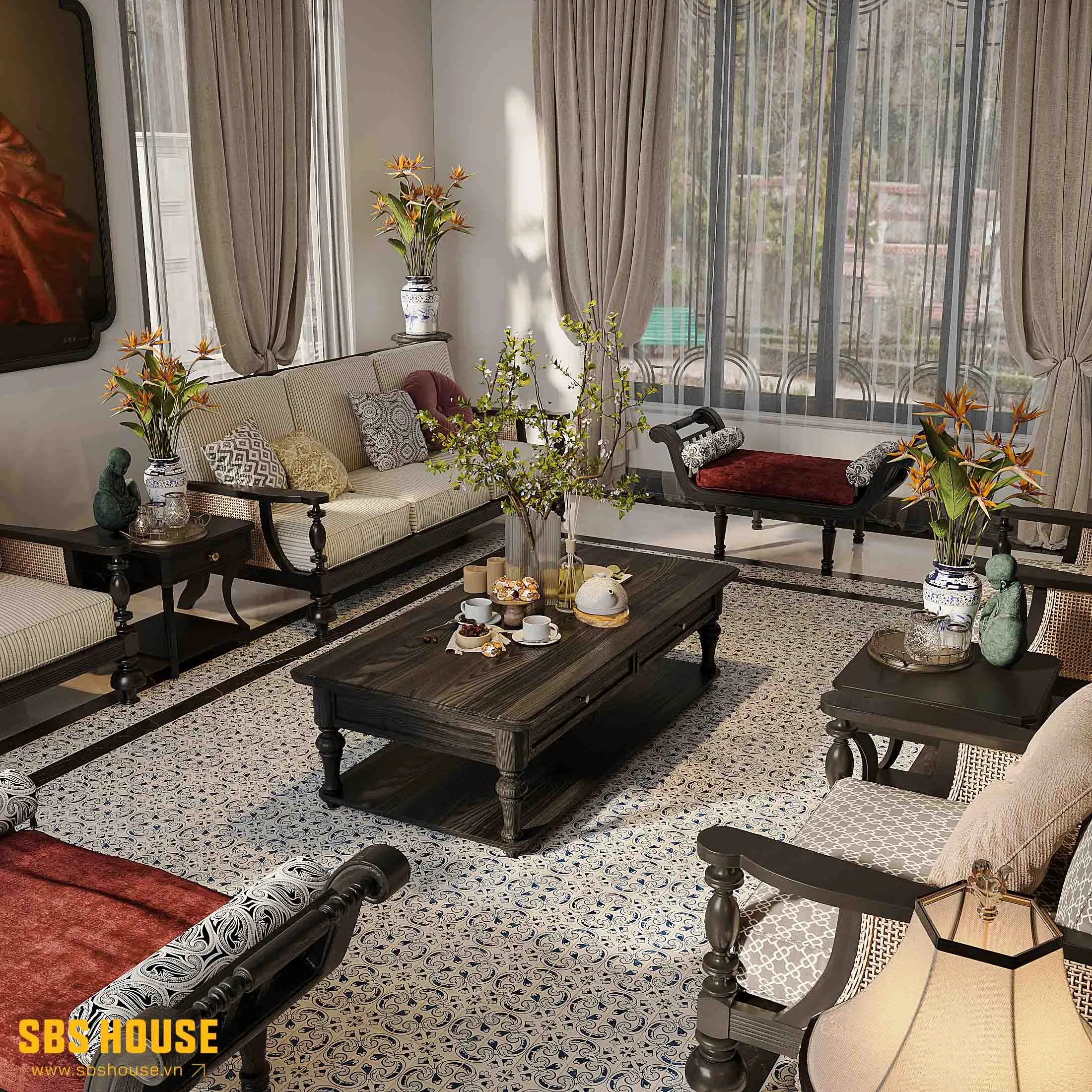 Mẫu thiết kế phòng khách theo phong cách Indochine