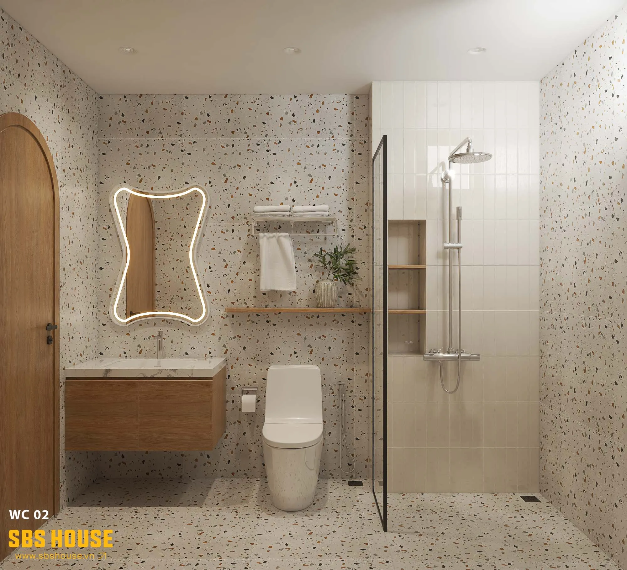 mẫu phòng tắm 5m2 đẹp sử dụng gạch terrazzo 