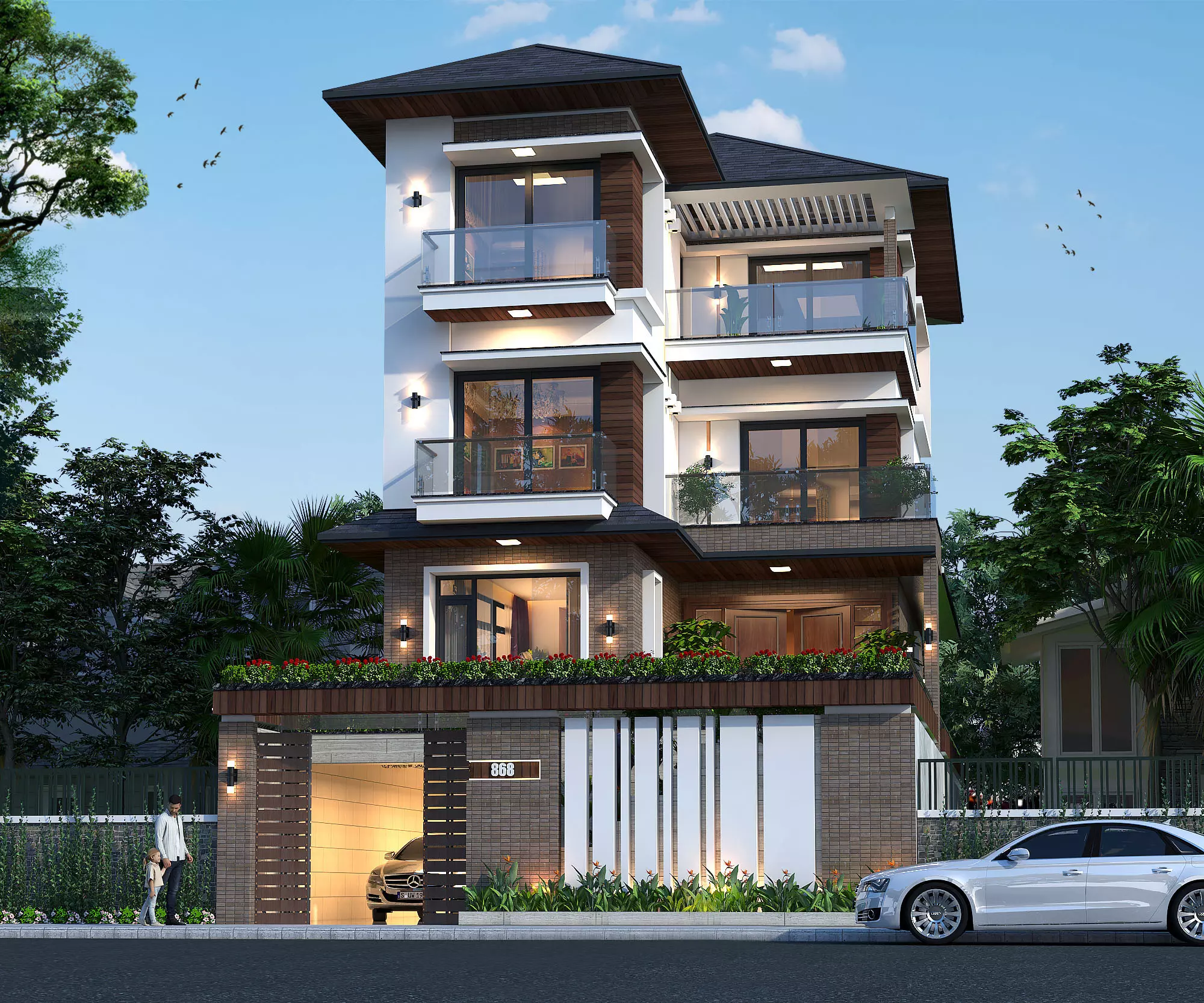 mẫu biệt thự 4 tầng chữ L