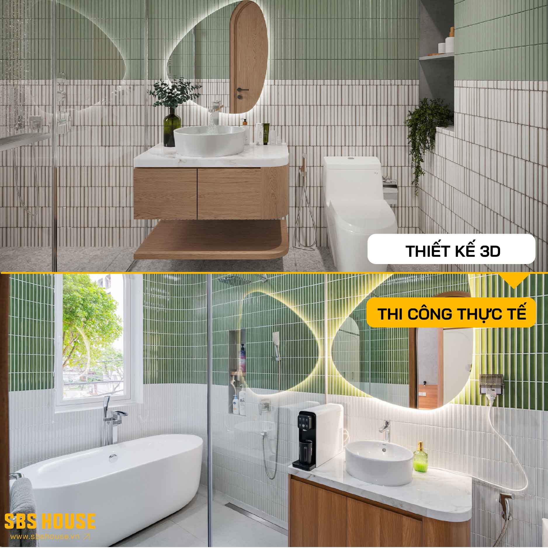 So sánh thiết kế và thi công thực tế phòng tắm