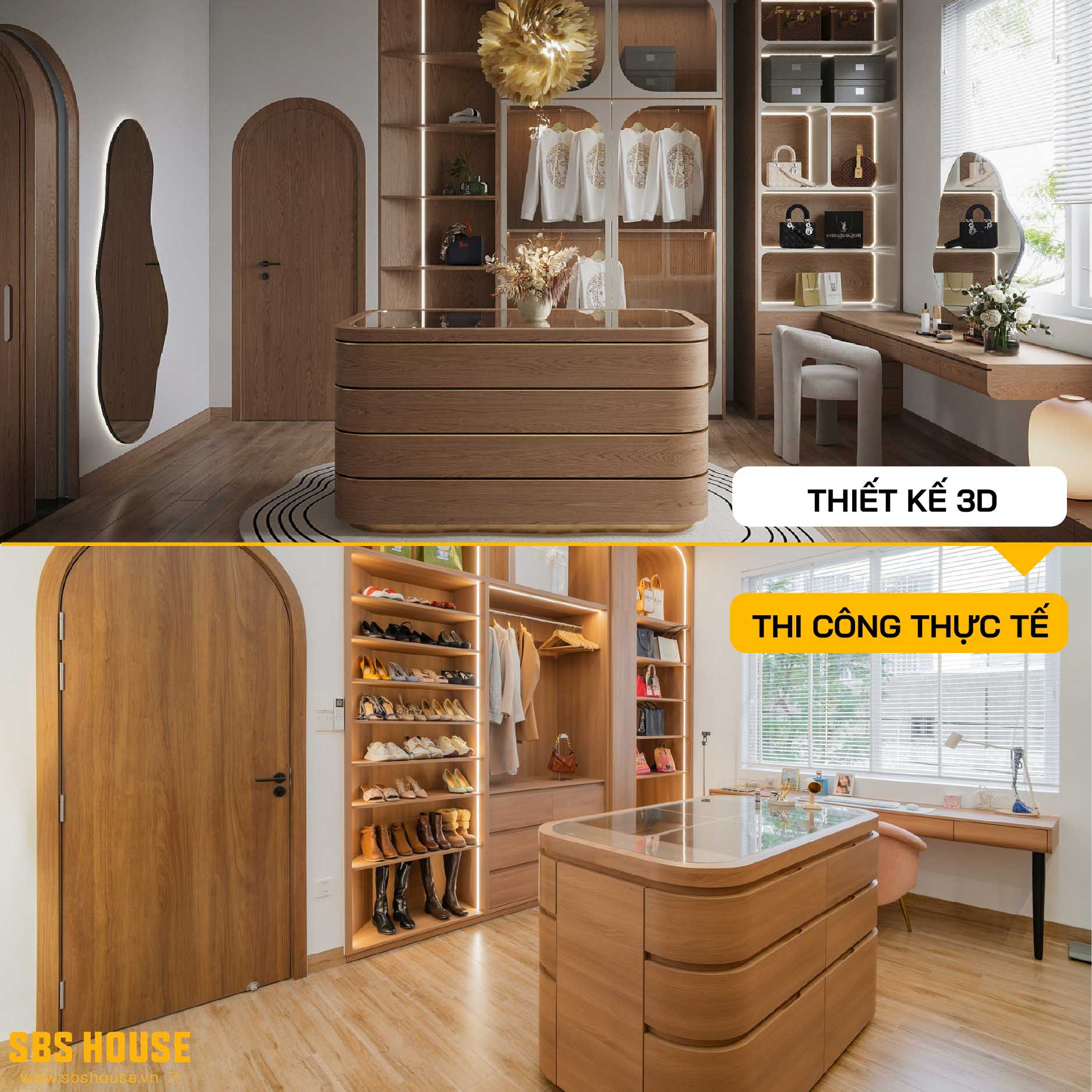 So sánh thiết kế và thi công thực tế phòng thay đồ