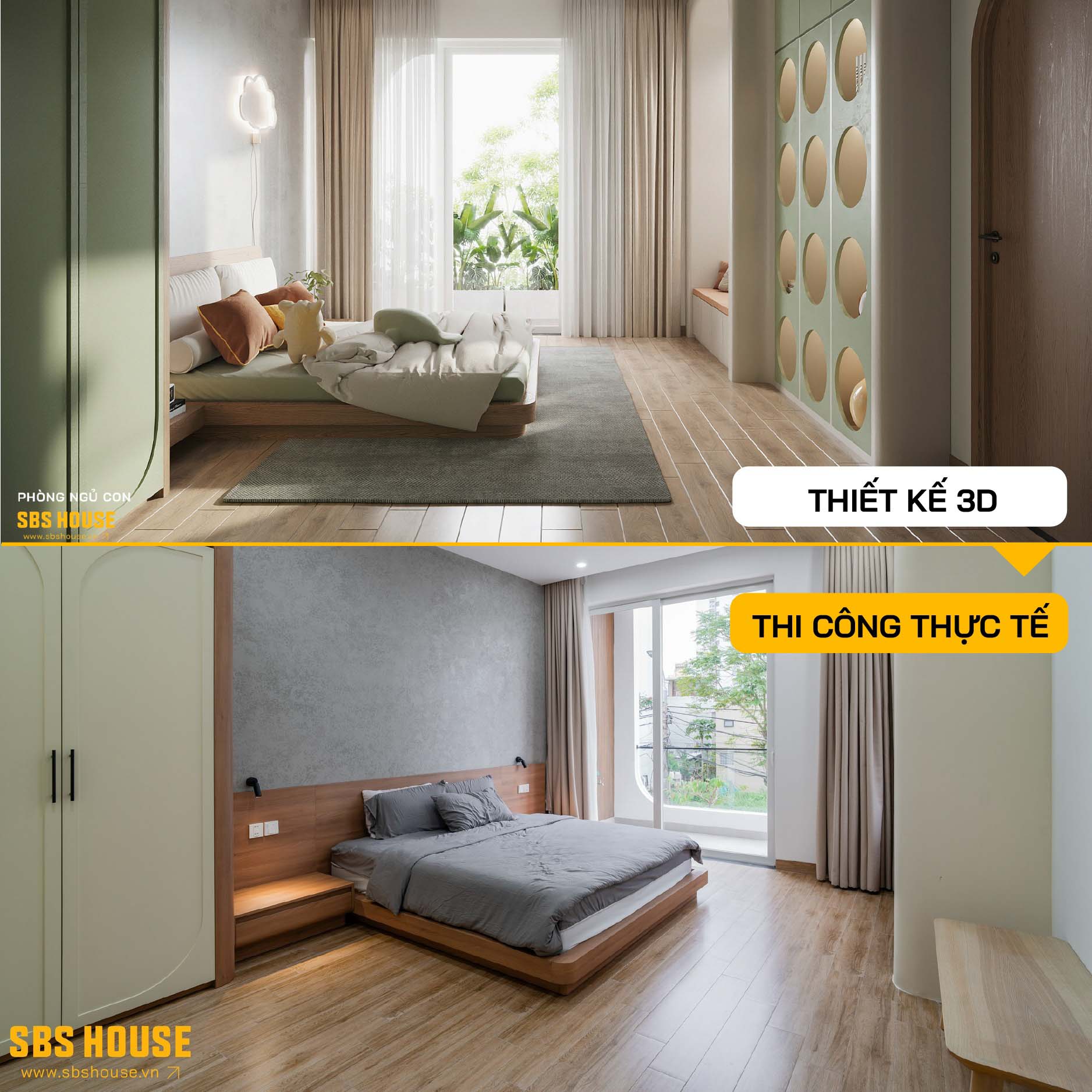 So sánh thiết kế và thi công thực tế phòng ngủ