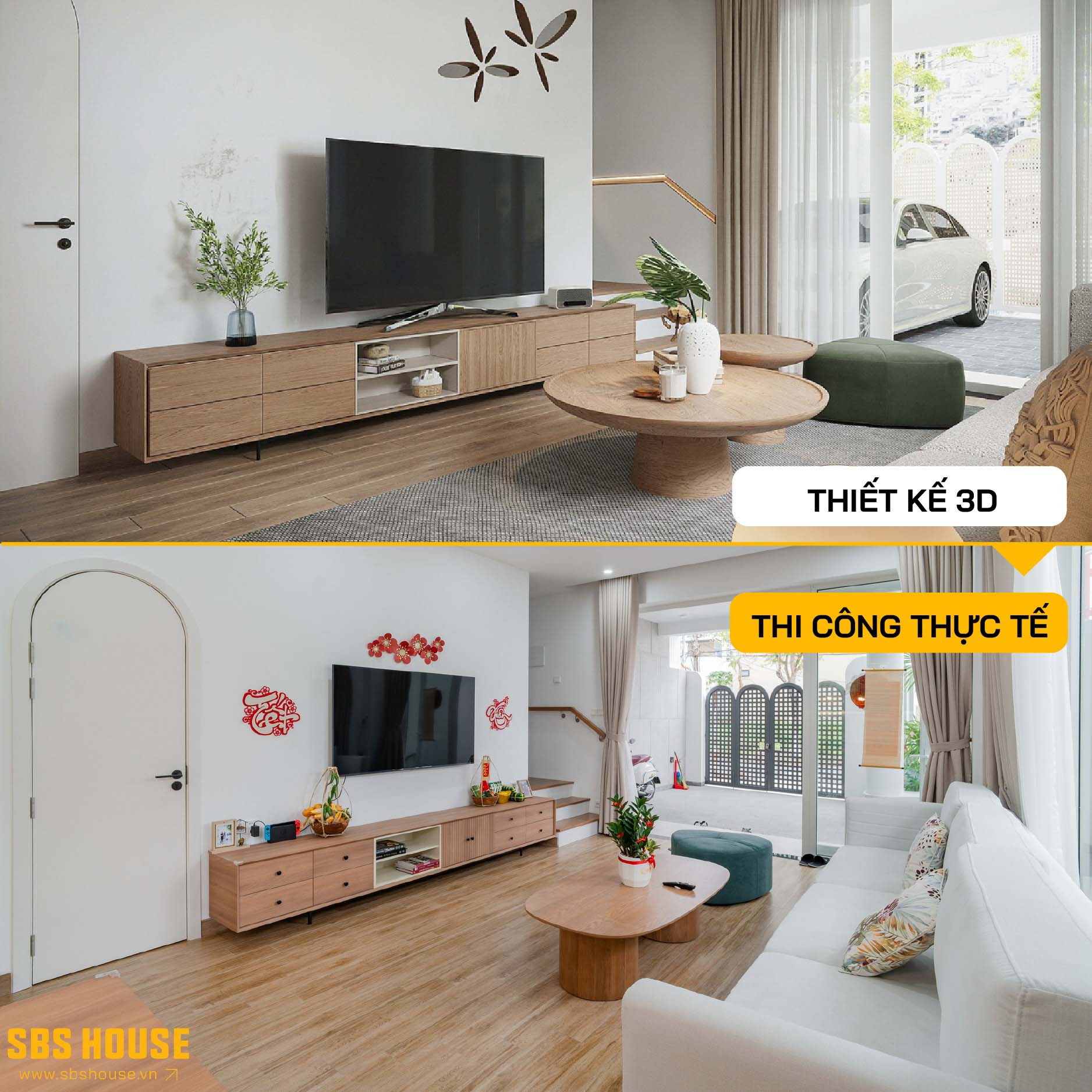 So sánh thiết kế và thi công thực tế phòng khách