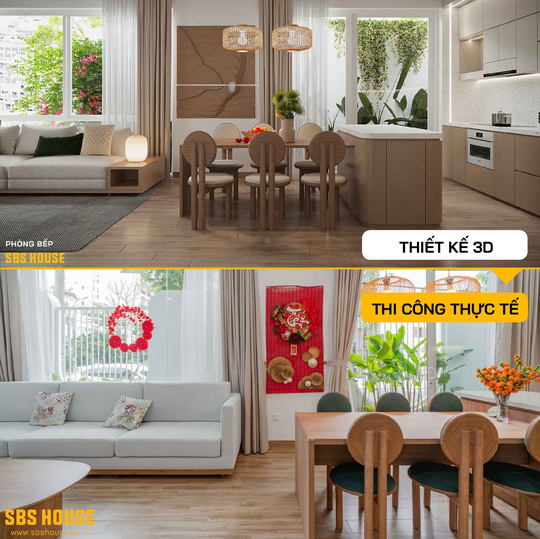 So sánh thiết kế và thi công thực tế phòng khách bếp