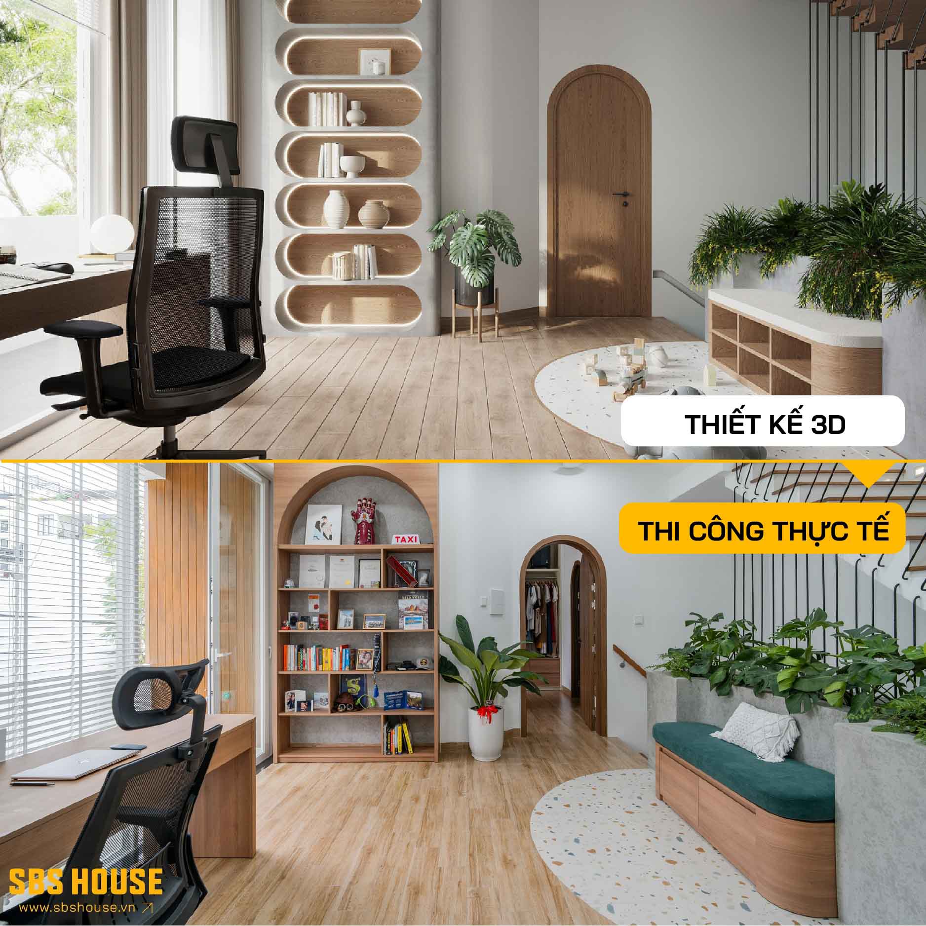 So sánh thiết kế và thi công thực tế phòng sinh hoạt chung
