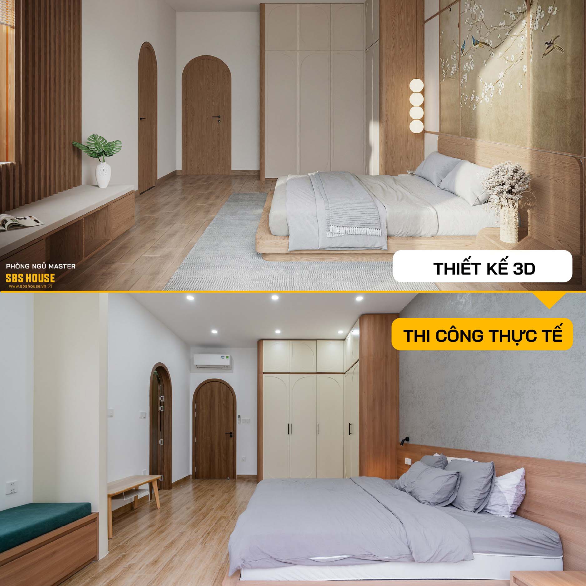 So sánh thiết kế và thi công thực tế phòng ngủ