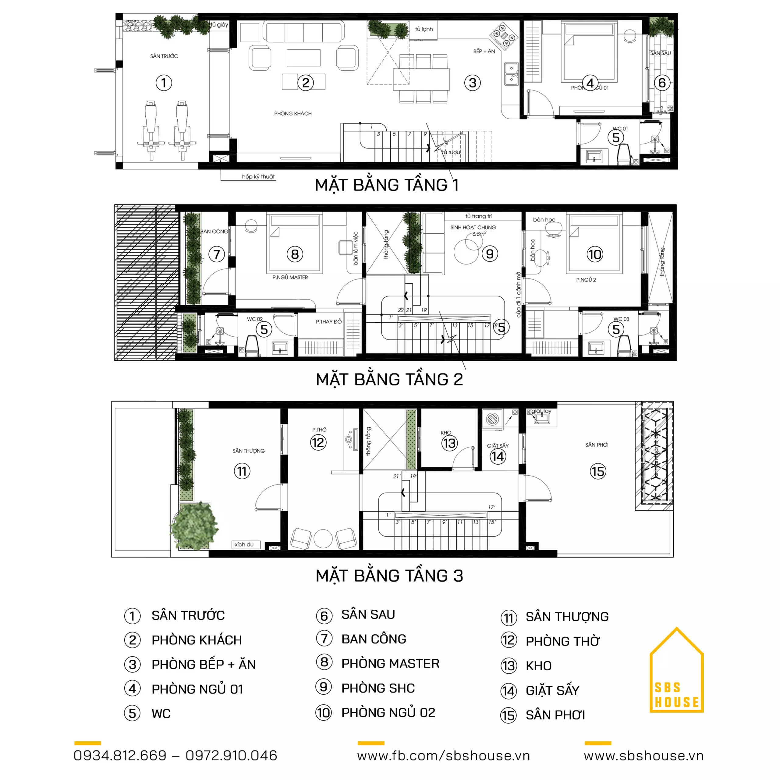 Mặt bằng công năng mẫu nhà 1 trệt 2 lầu 5x18m 3 phòng ngủ