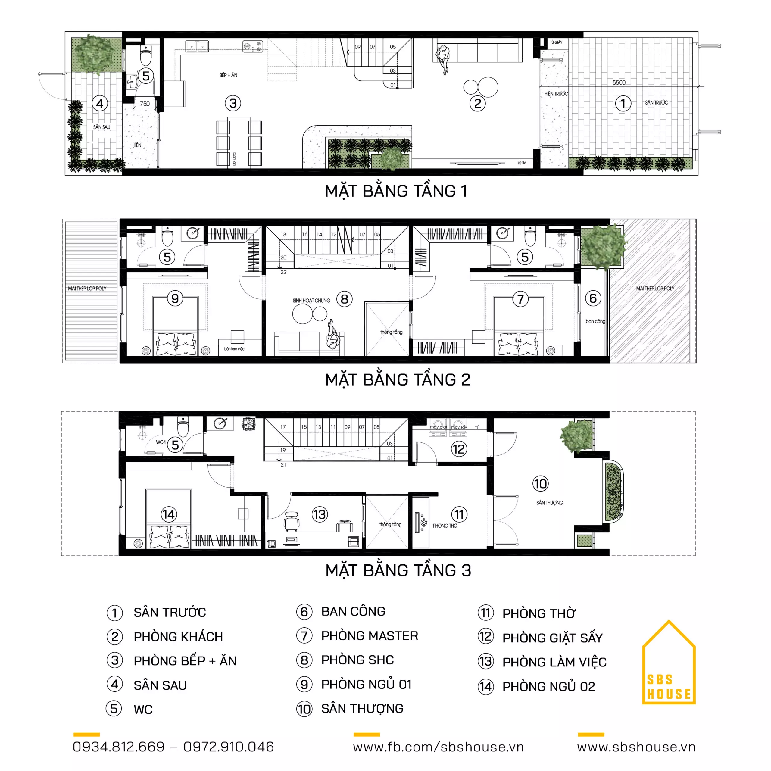 Mặt bằng công năng mẫu thiết kế nhà 1 trệt 2 lầu 5x18m xanh thoáng