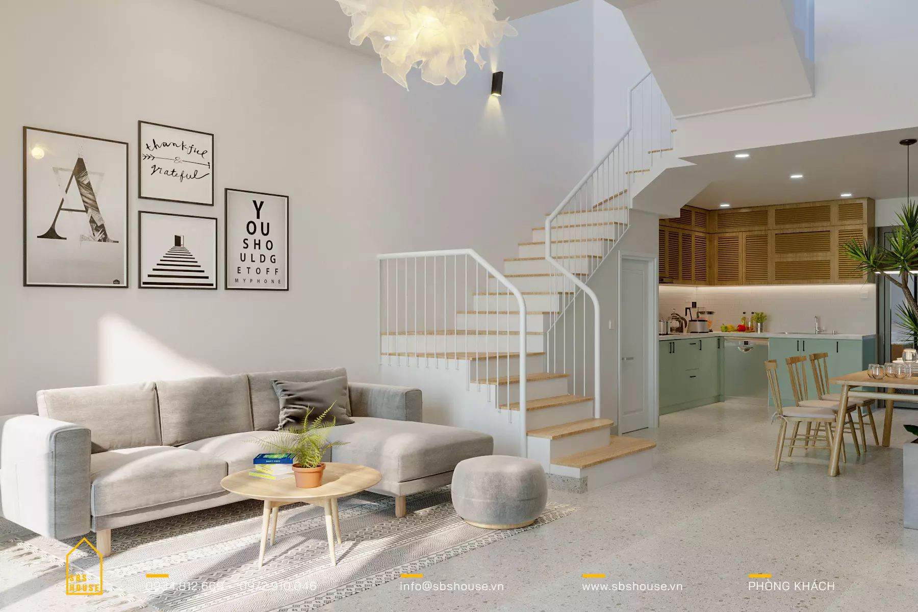 Phòng khách nhà 1 trệt 2 lầu 5x18m phong cách Scandinavian