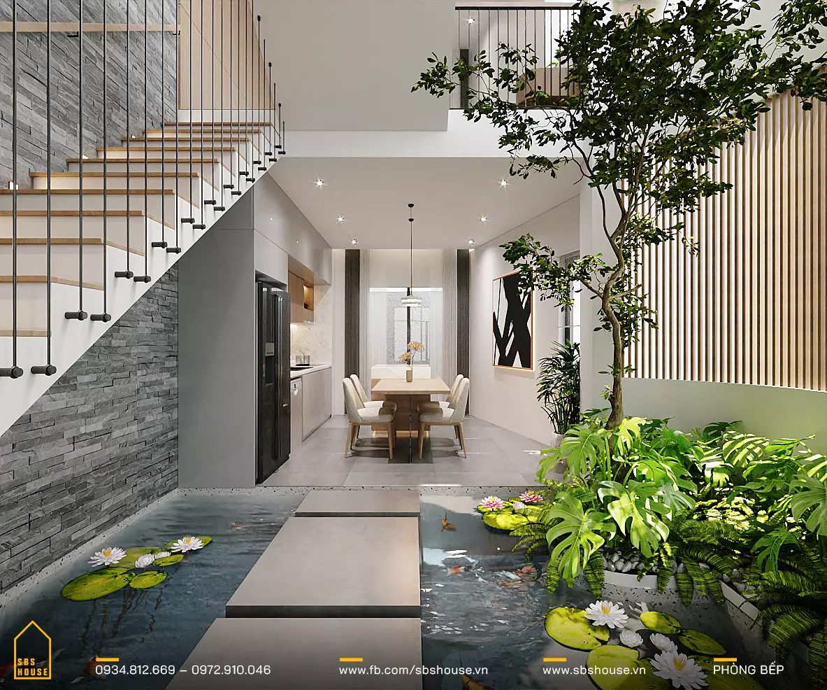 Giếng trời bố trí cạnh cầu thang trong nhà phố 5x20m
