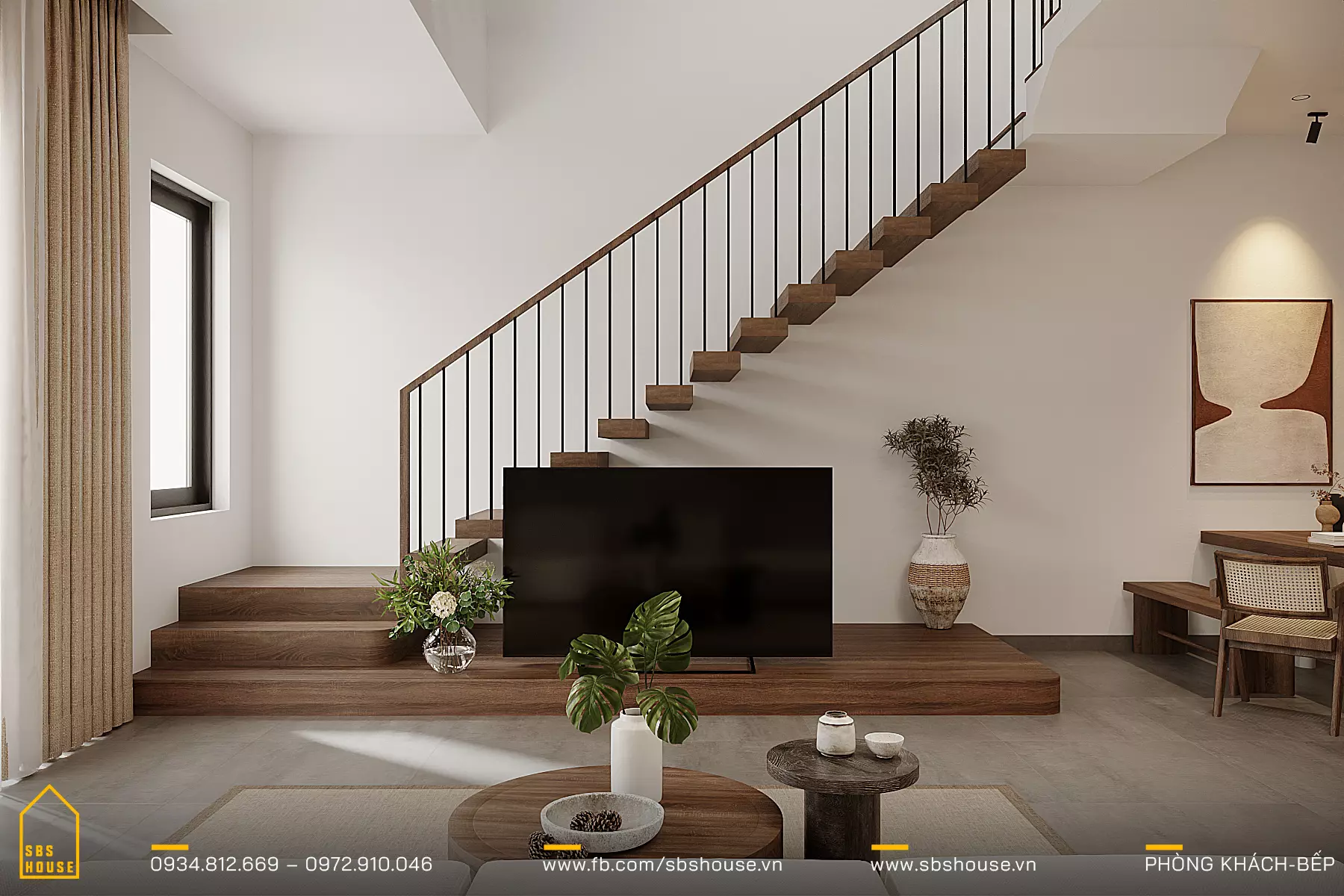Phòng khách nhà lệch tầng kích thước 6x15m