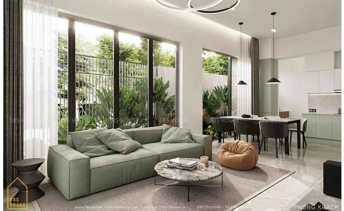 Không gian phòng khách nhà phố lệch tầng 6x15m đầy đủ tiện nghi