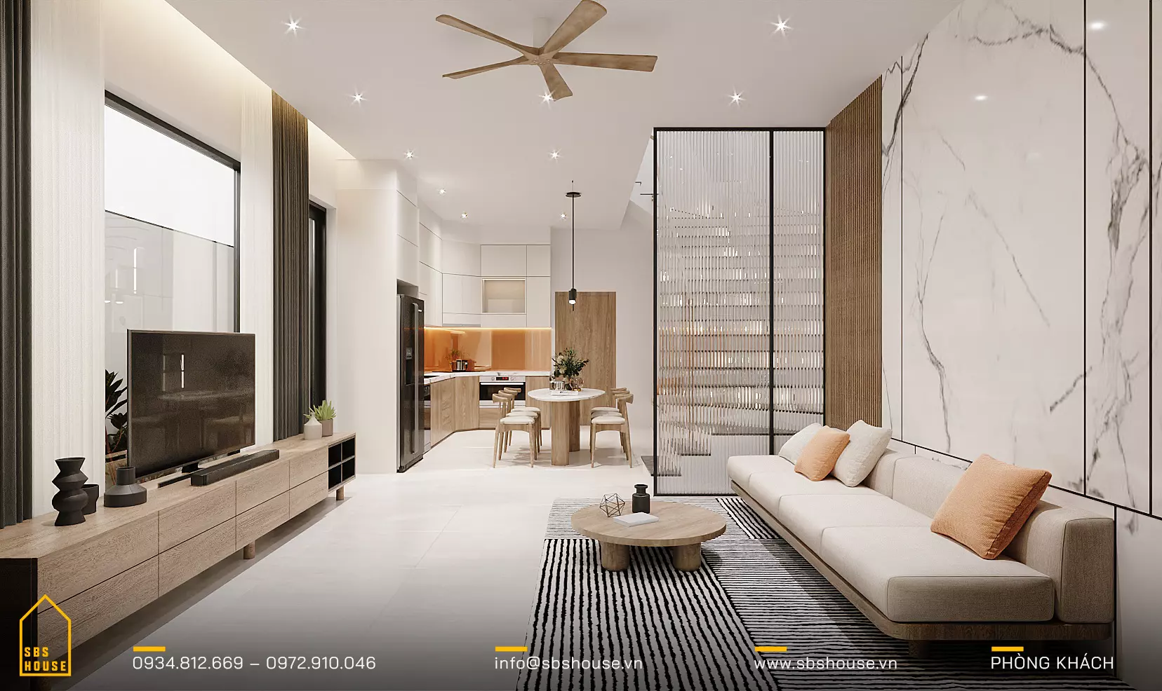 Không gian phòng khách của mẫu thiết kế nhà phố lệch tầng 6x15m có 2 mặt tiền