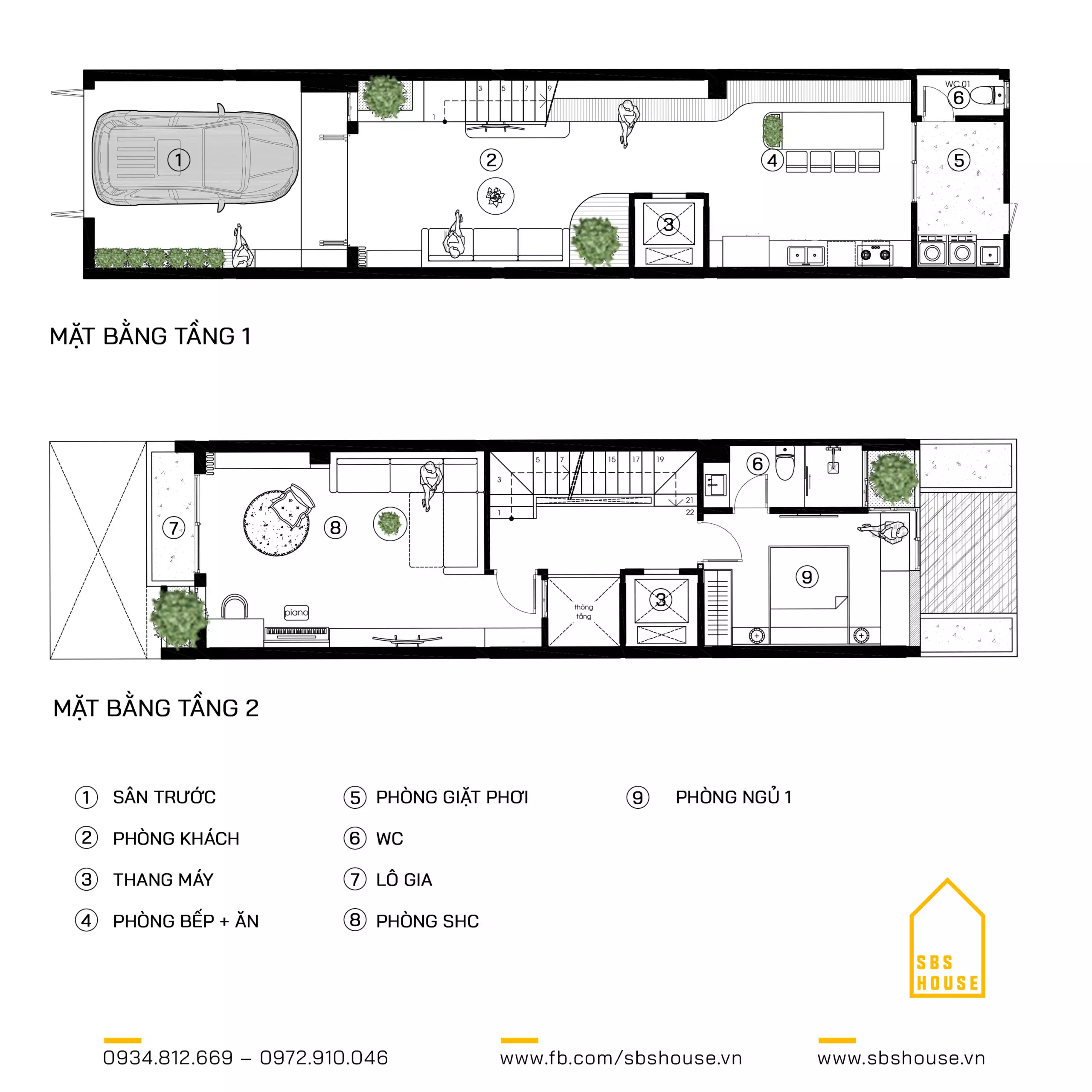 Mặt bằng công năng tầng 1 và 2 của mẫu nhà lệch tầng diện tích 4,5x20m có thang máy