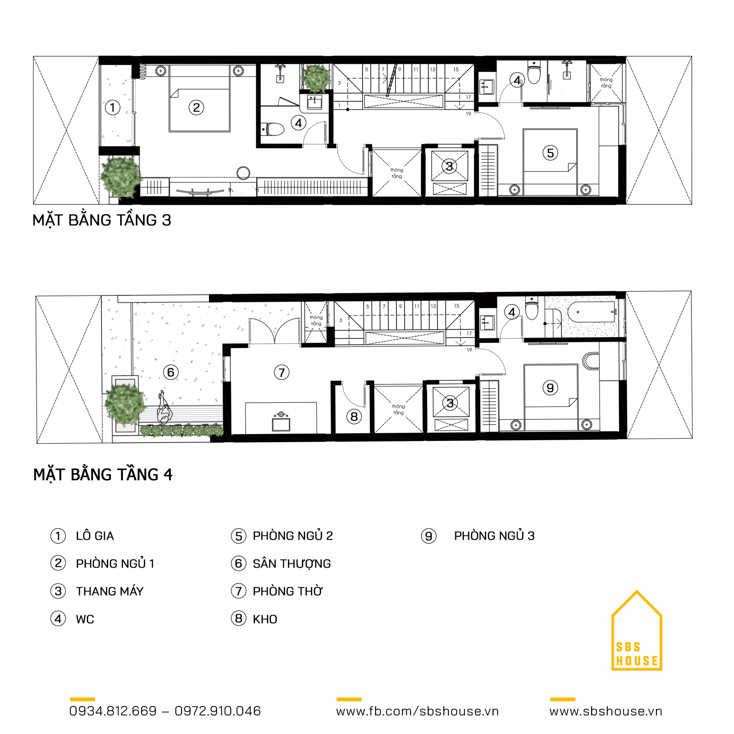 Mặt bằng công năng tầng 3 và 4 của mẫu nhà lệch tầng có thang máy 4,5x20m
