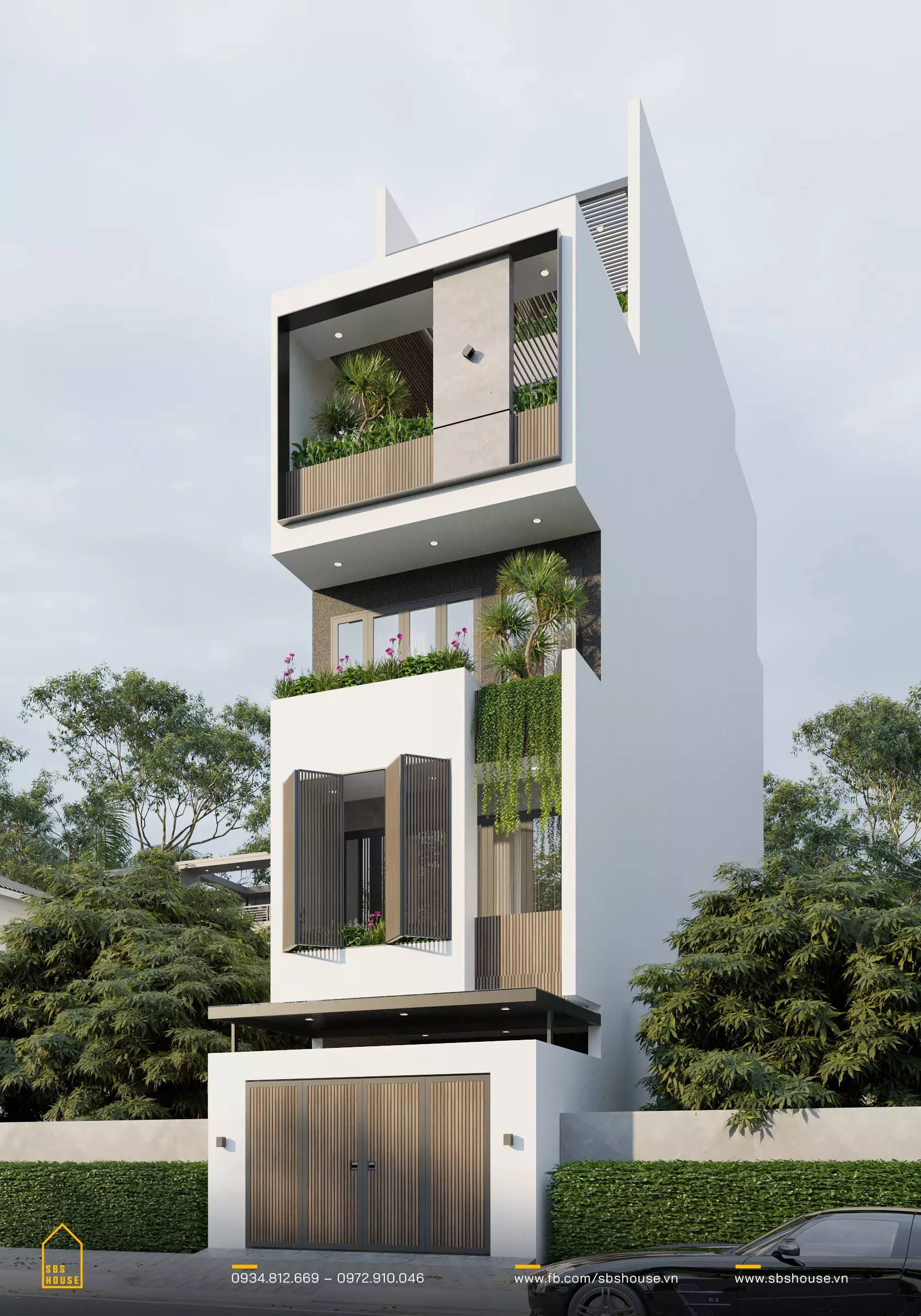 Ngoại thất nhà mái bằng 100m2 với 5 tầng được thiết kế theo bố cục phi đối xứng