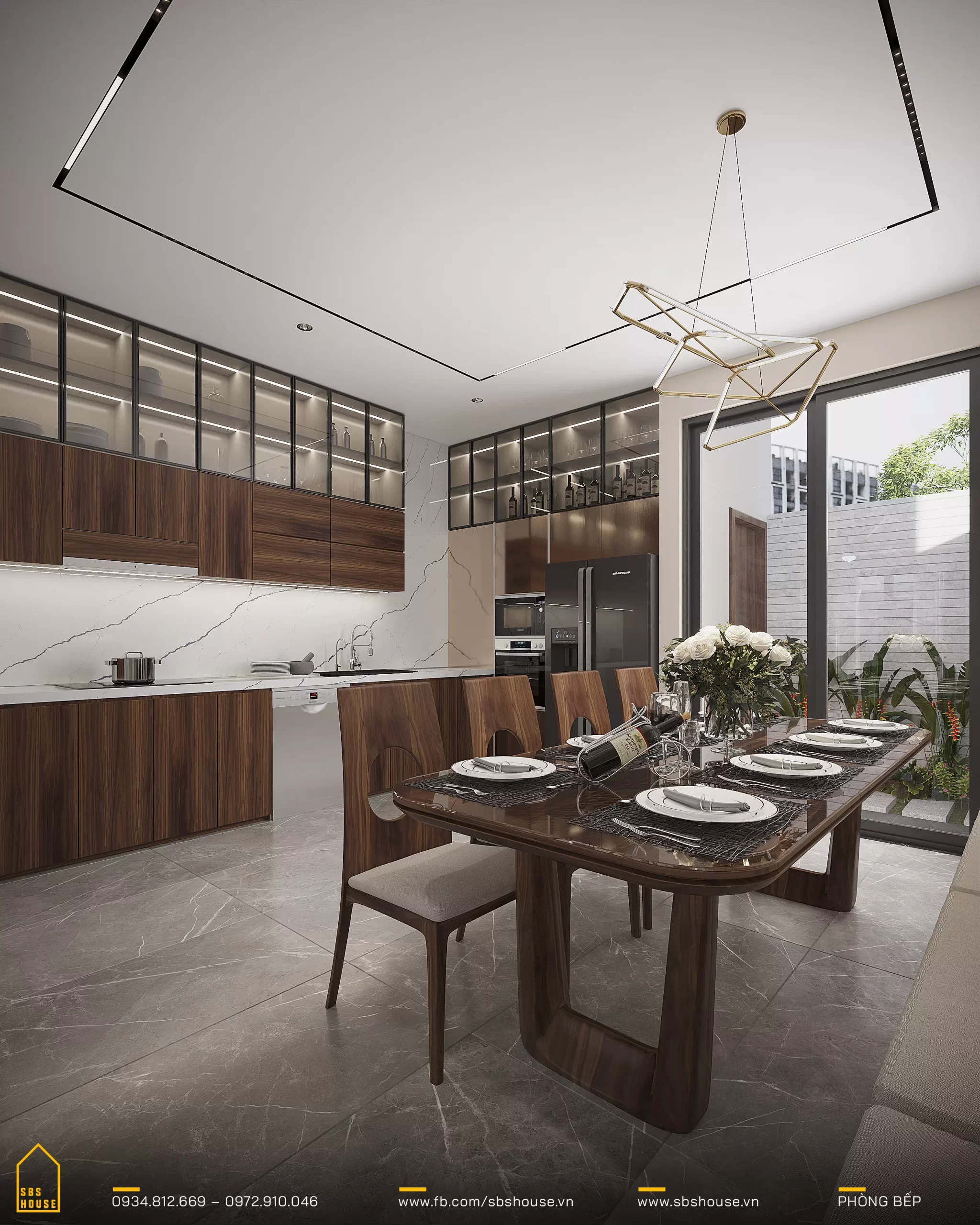 Phòng bếp sử dụng nội thất với chất liệu gỗ trầm được gia công kỹ lưỡng, nhẵn mịn