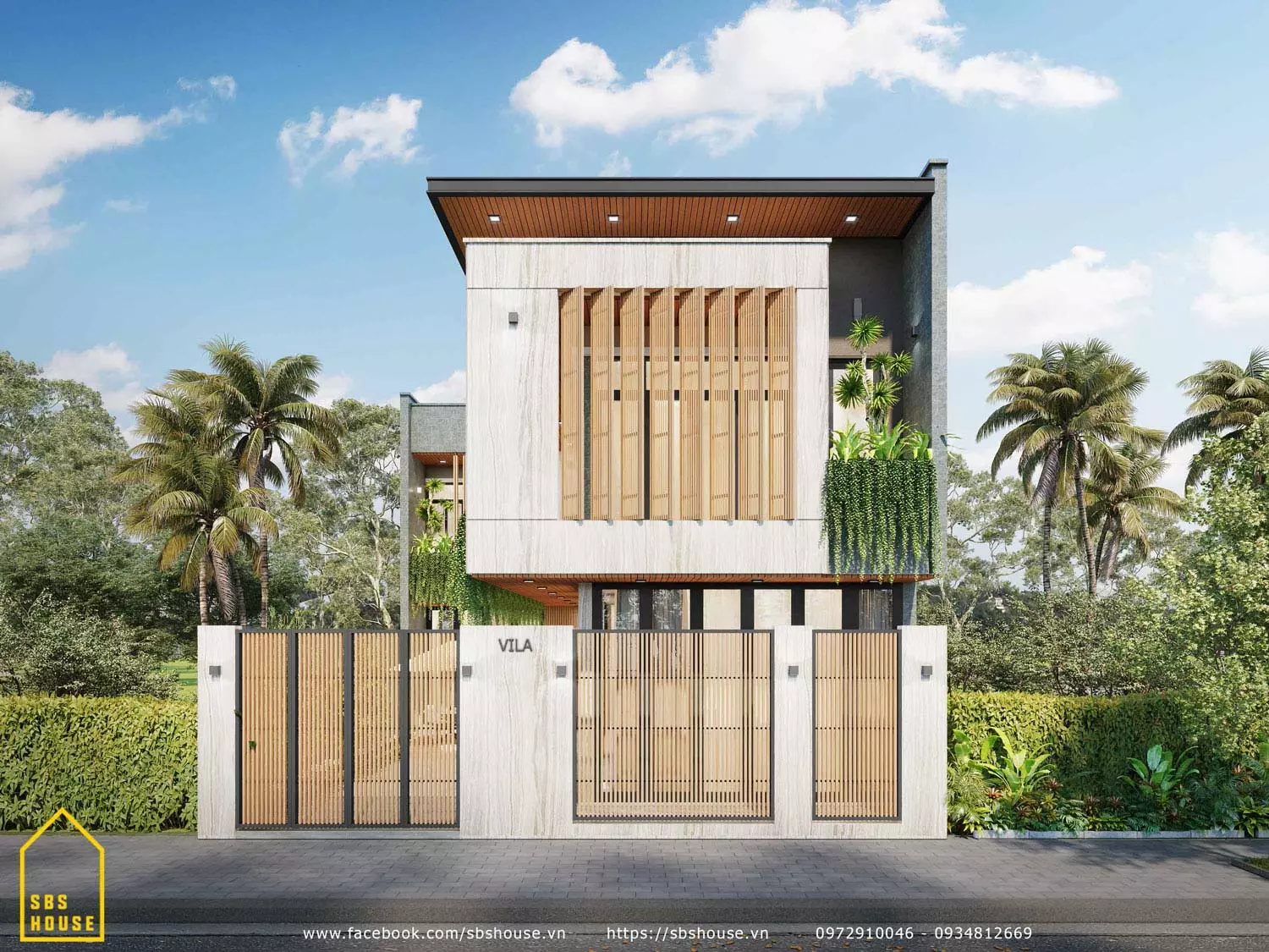 Để tránh nắng gắt từ phía mặt trời, mẫu nhà 160m2 đã sử dụng hệ cửa lam gỗ