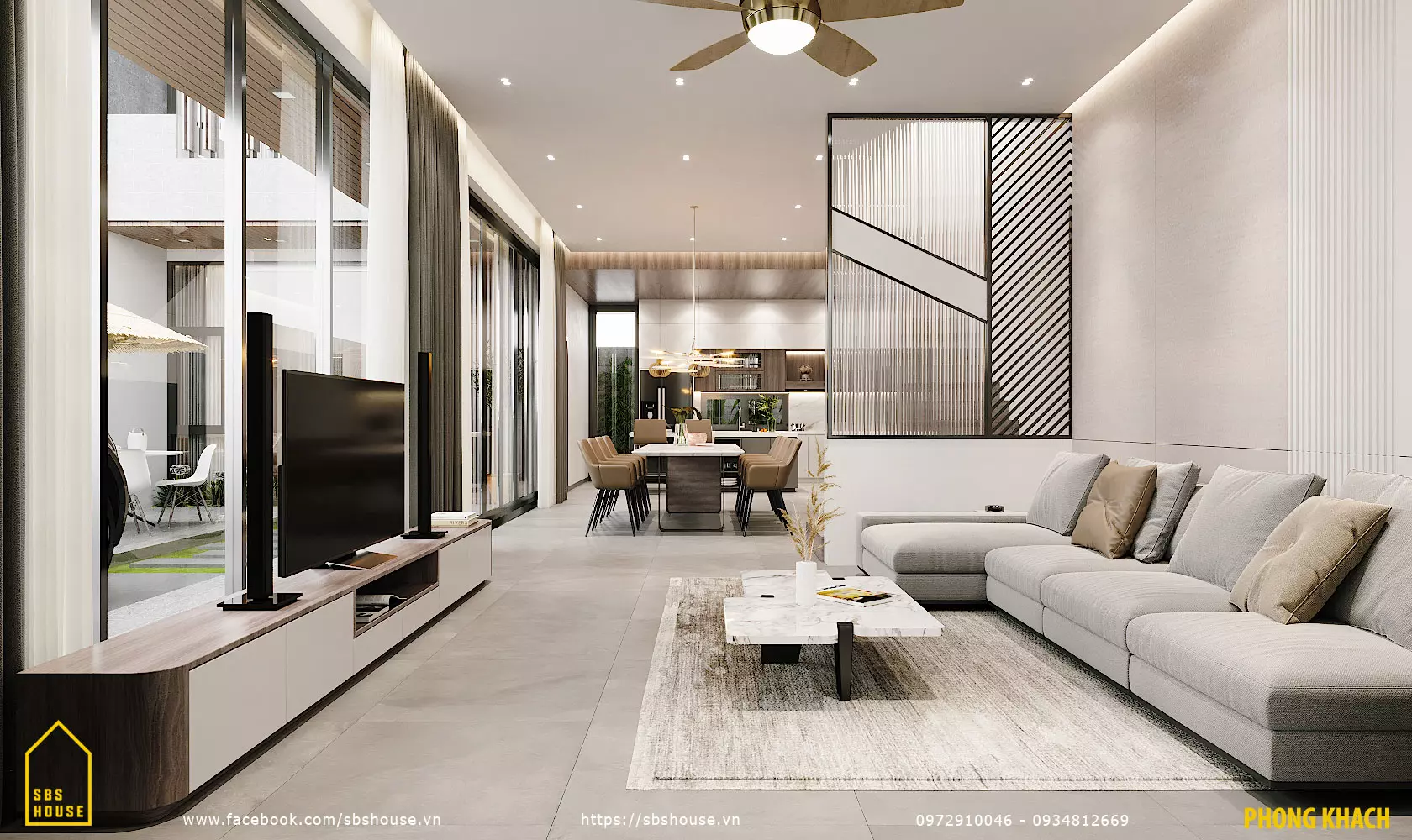 Mẫu nhà diện tích 160m2 có không gian phòng khách rộng rãi, thoáng khí