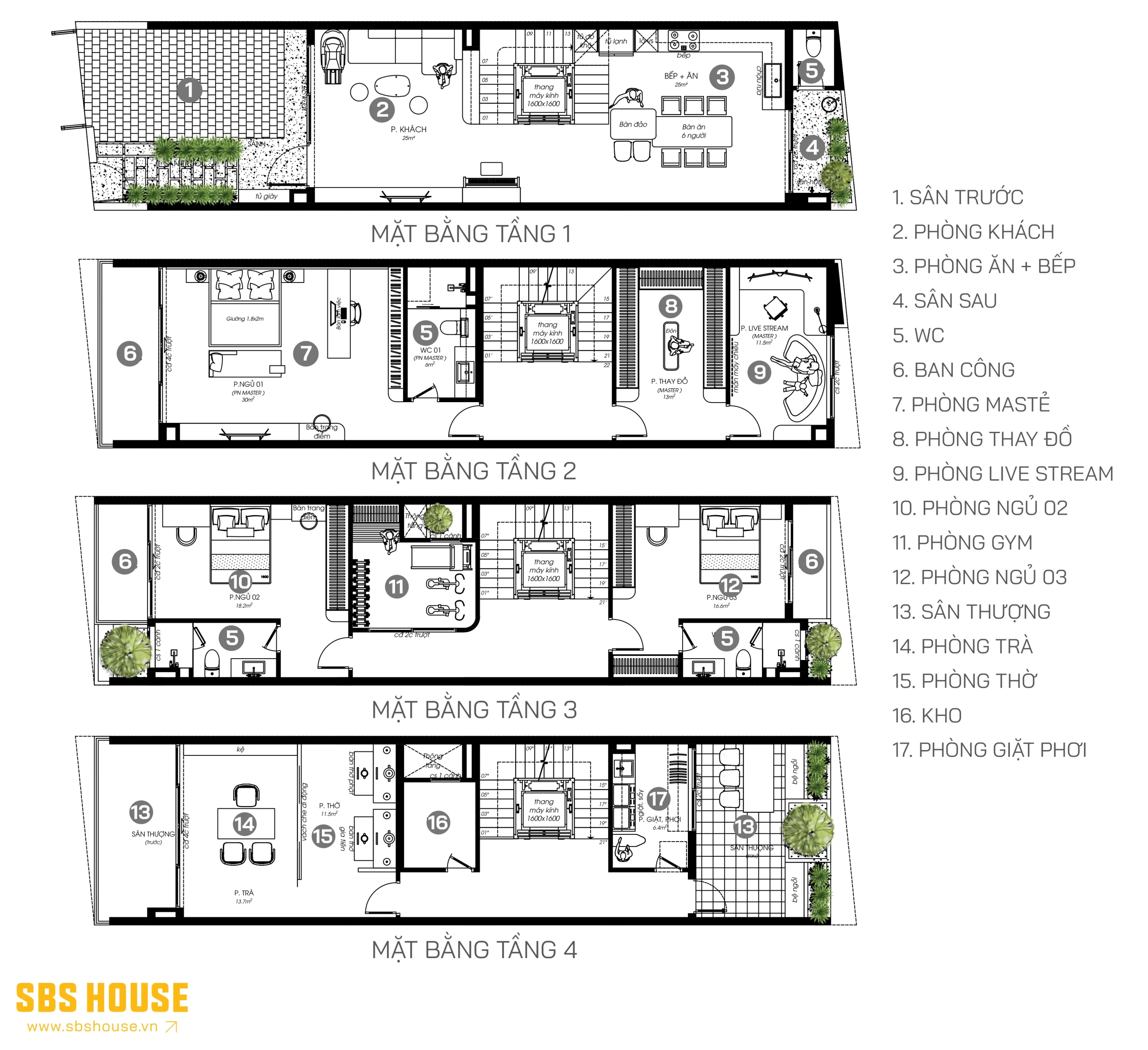 Mặt bằng công năng của nhà 4 tầng 100m2