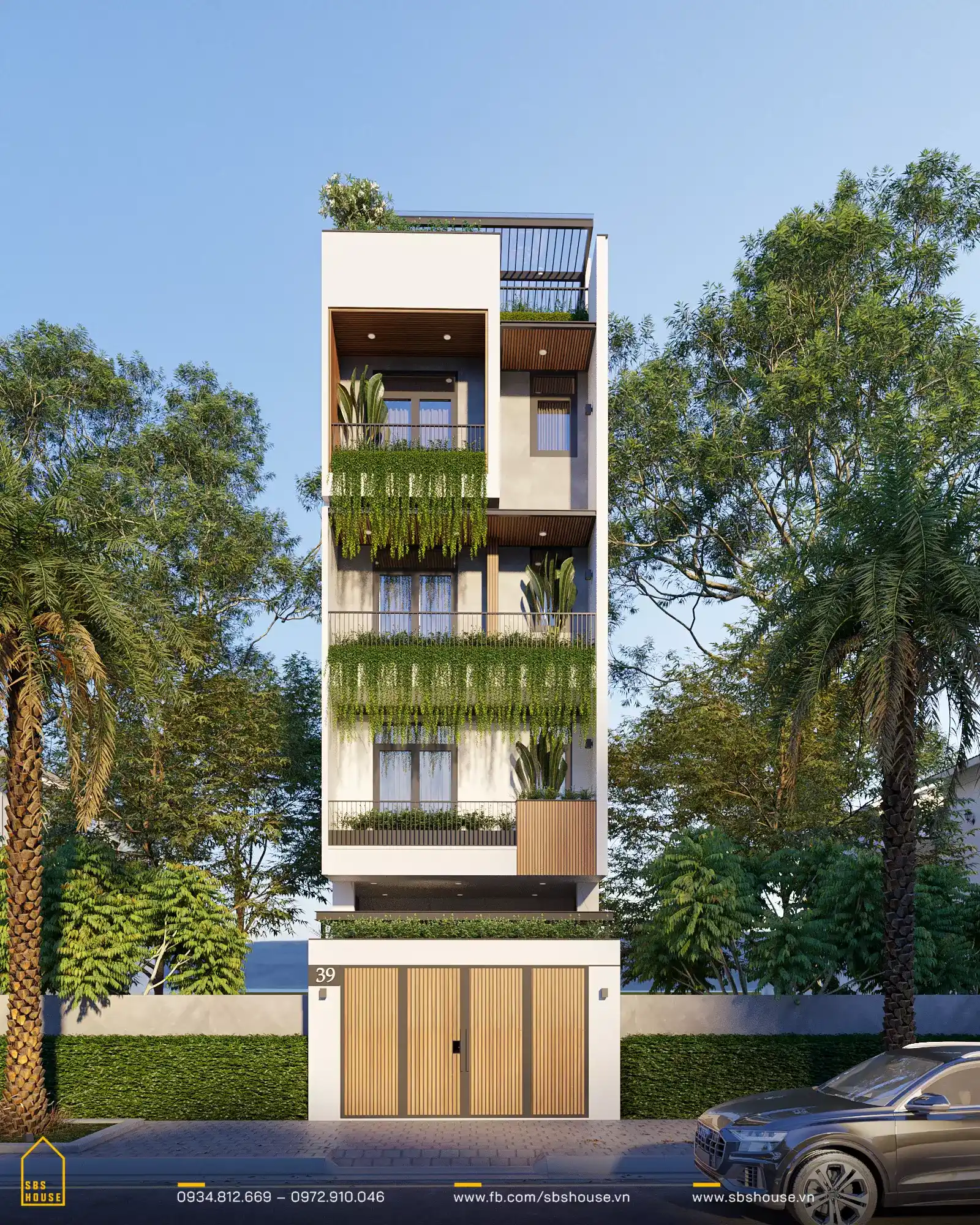 Ngoại thất mẫu thiết kế nhà 4 tầng 100m2 được phủ xanh bằng cây xanh ở ban công, mang đến không gian xanh mát cả bên ngoài lẫn bên trong