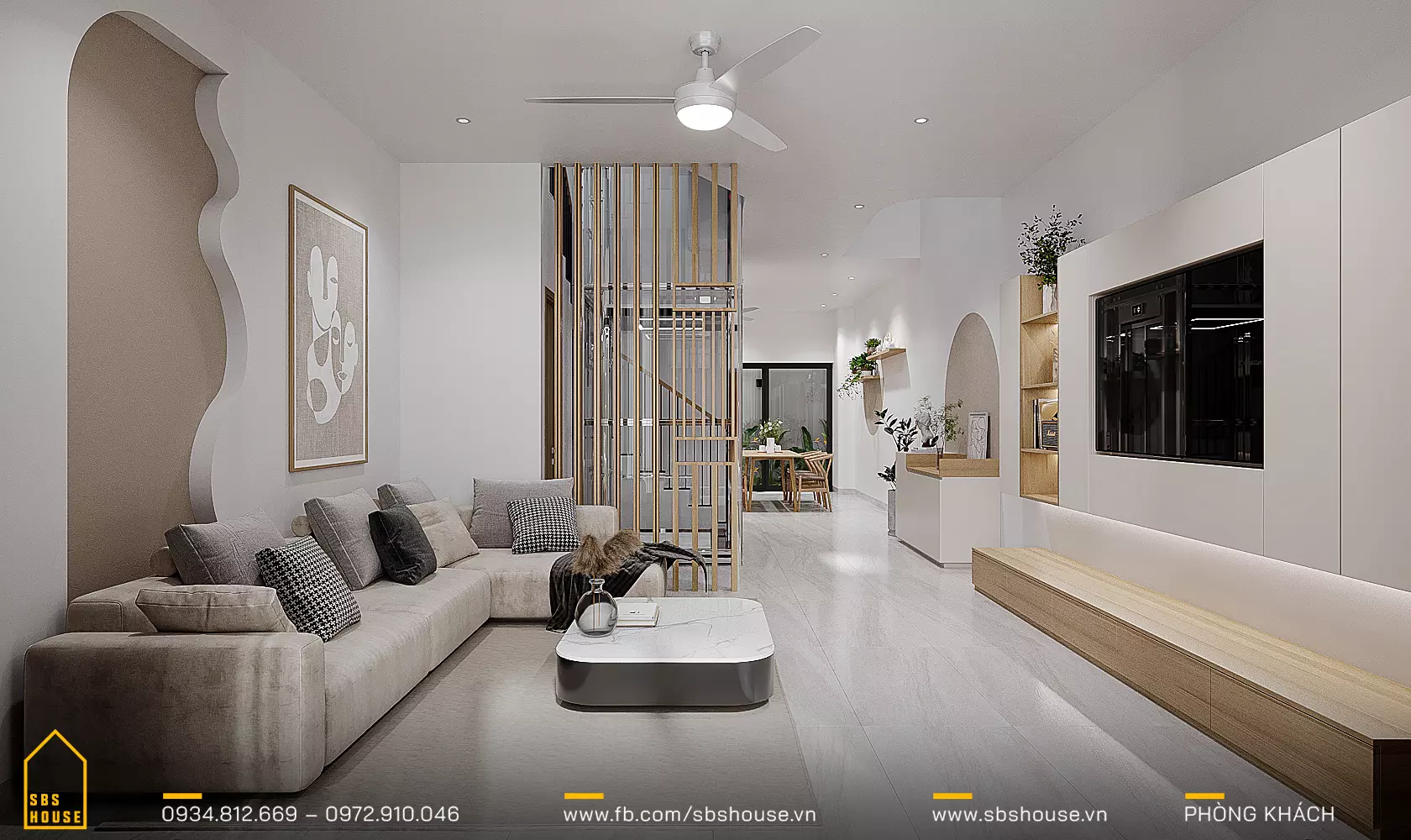 Việc bố trí thang máy một góc vừa tạo sự ngăn cách nhẹ nhàng giữa không gian phòng khách và phòng bếp, vừa hỗ trợ quá trình di chuyển