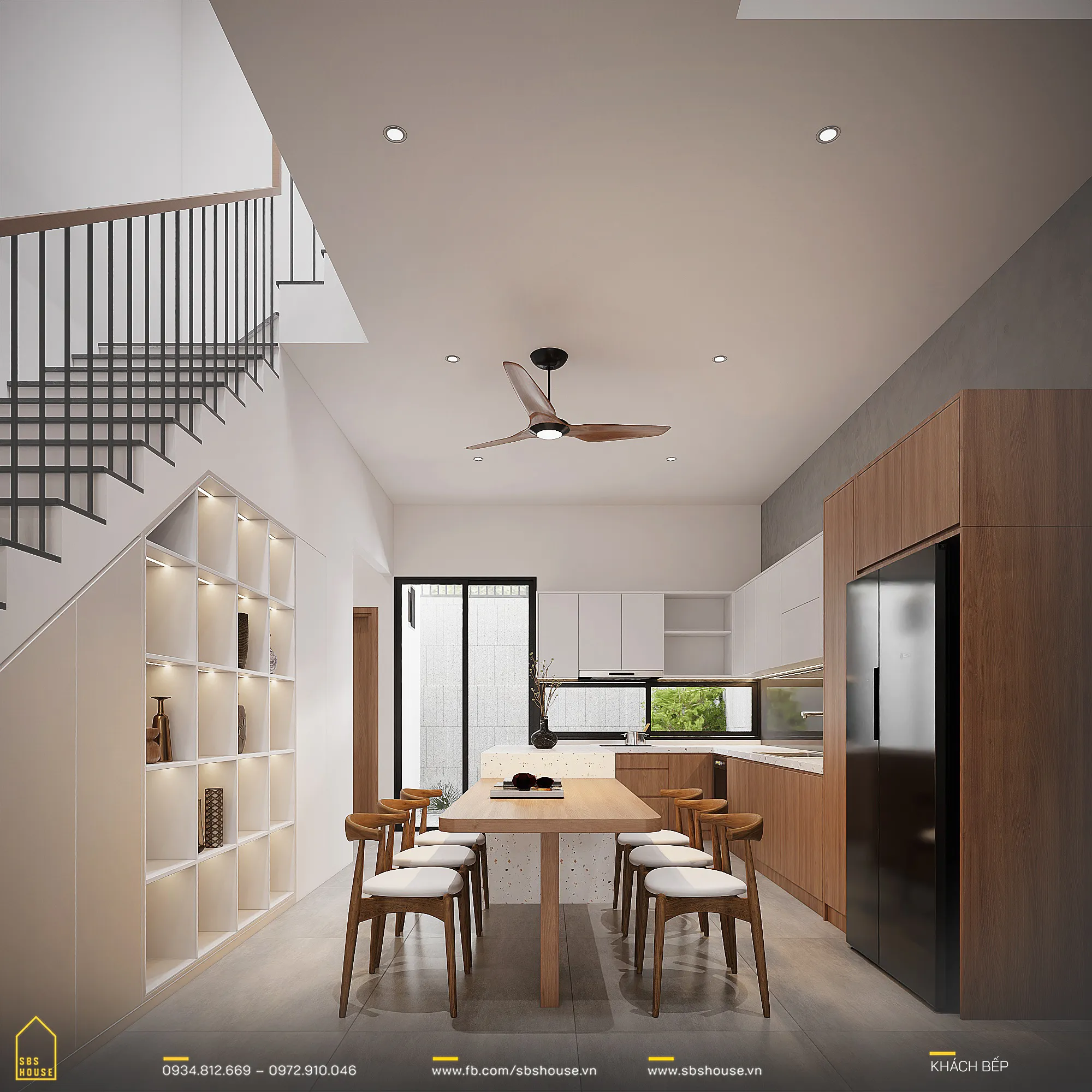 Cầu thang được tích hợp tủ đựng, vừa tối ưu hóa diện tích, vừa tạo điểm nhấn không gian
