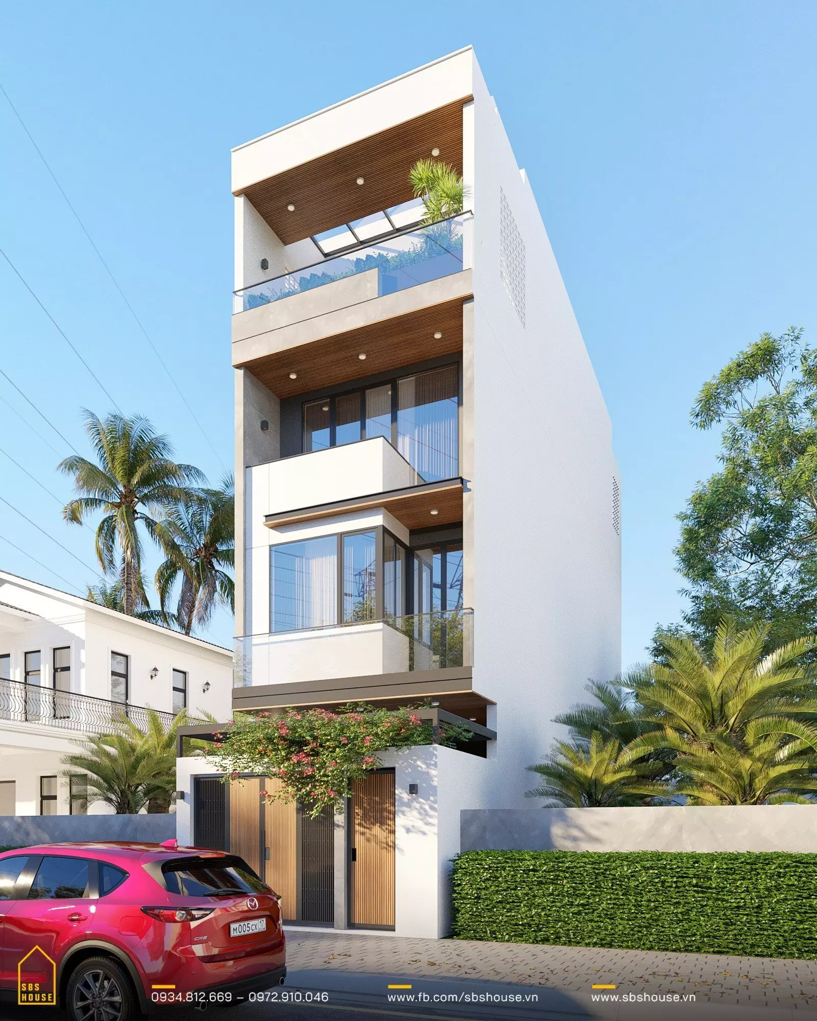 Nhà 4 tầng 100m2 được thiết kế với hệ kính ban công, vừa mang giá trị thẩm mỹ vừa giúp mặt tiền sáng thoáng