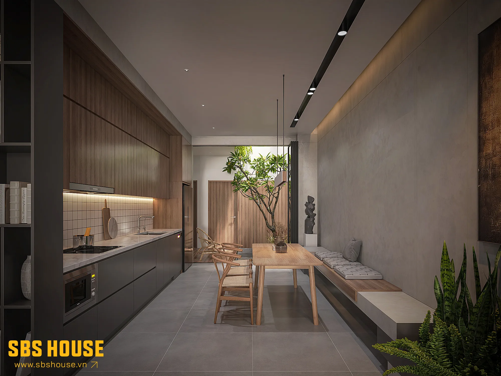 Thiết kế phòng bếp 15m2 sử dụng nội thất gỗ cho hệ tủ và bàn ăn, mang cảm giác ấm cúng, gần gũi