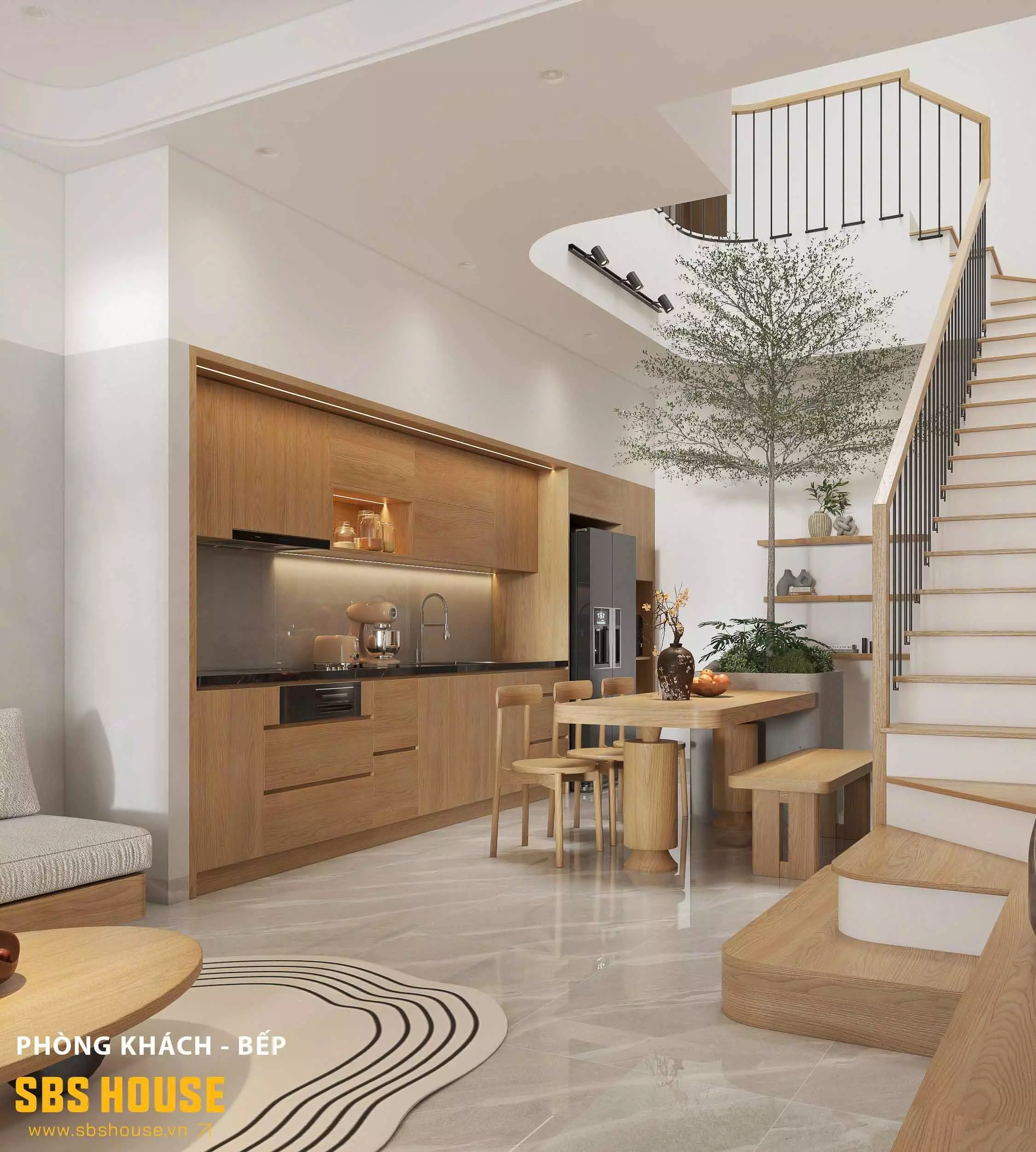 Mẫu thiết kế phòng bếp 15m2 sử dụng gỗ tự nhiên cho hệ tủ và bàn ăn, vừa tạo cảm giác ấm cúng vừa mang tính thẩm mỹ cao
