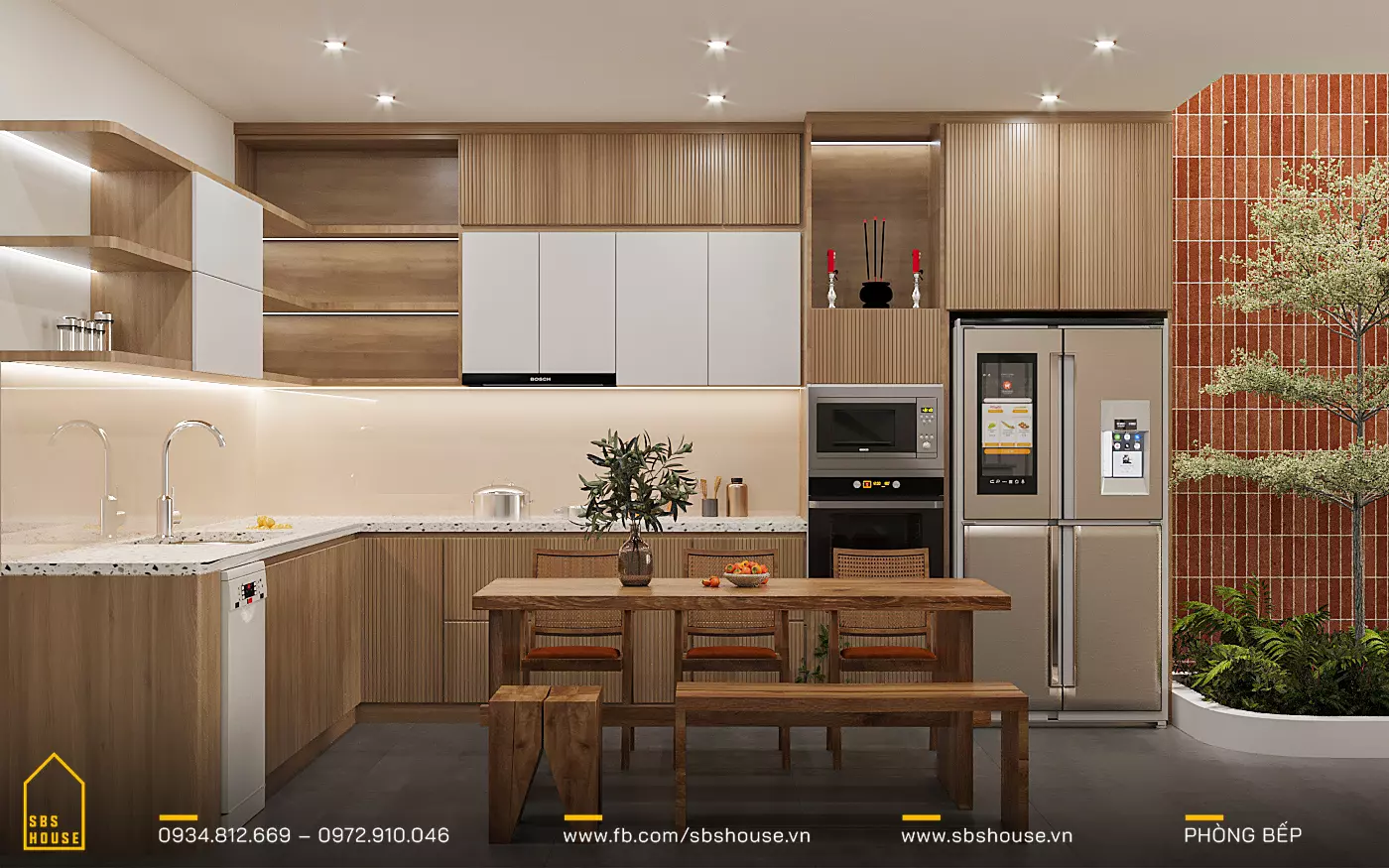 Không gian mẫu thiết kế phòng bếp 15m2 hiện lên ấm áp, gần gũi với thiên nhiên khi sử dụng gỗ nâu trầm