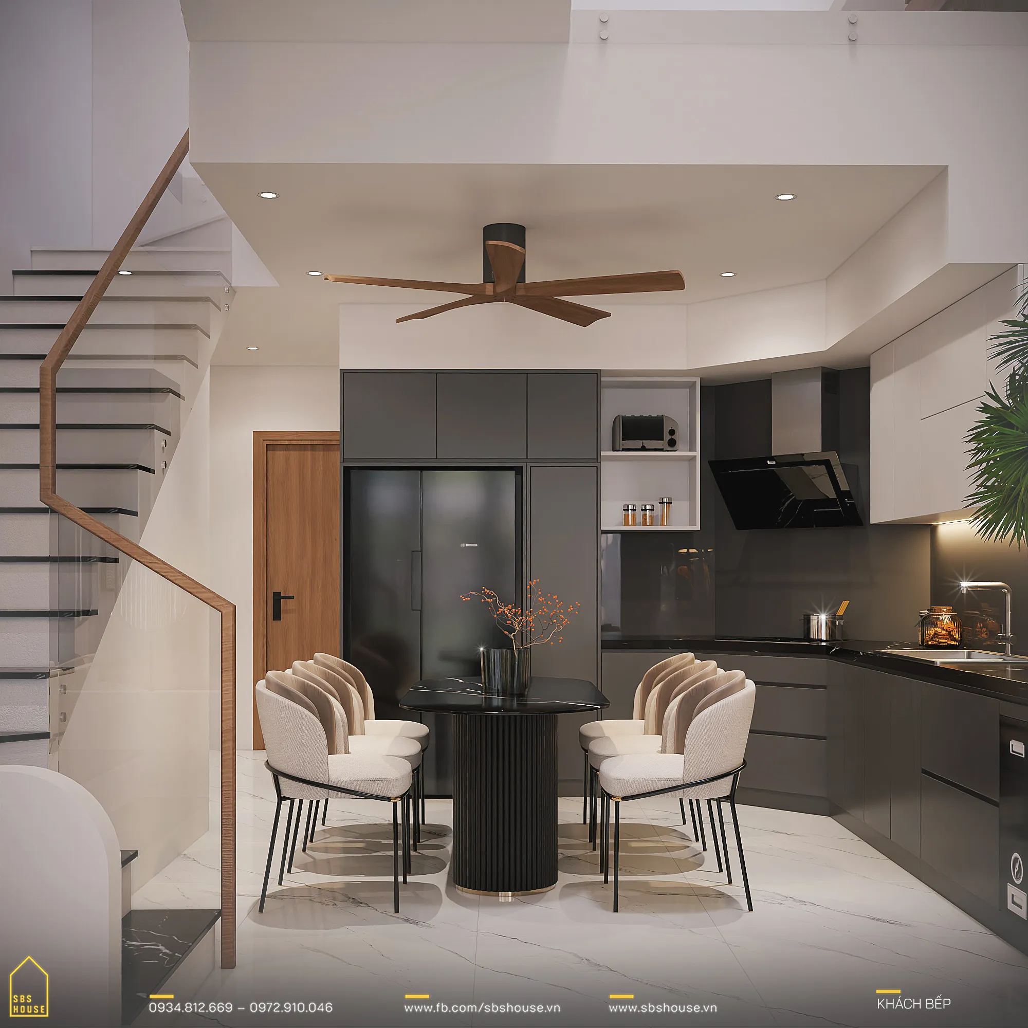 Mẫu thiết kế phòng bếp 15m2 hiện đại với bố trí ngăn nắp, gọn gàng