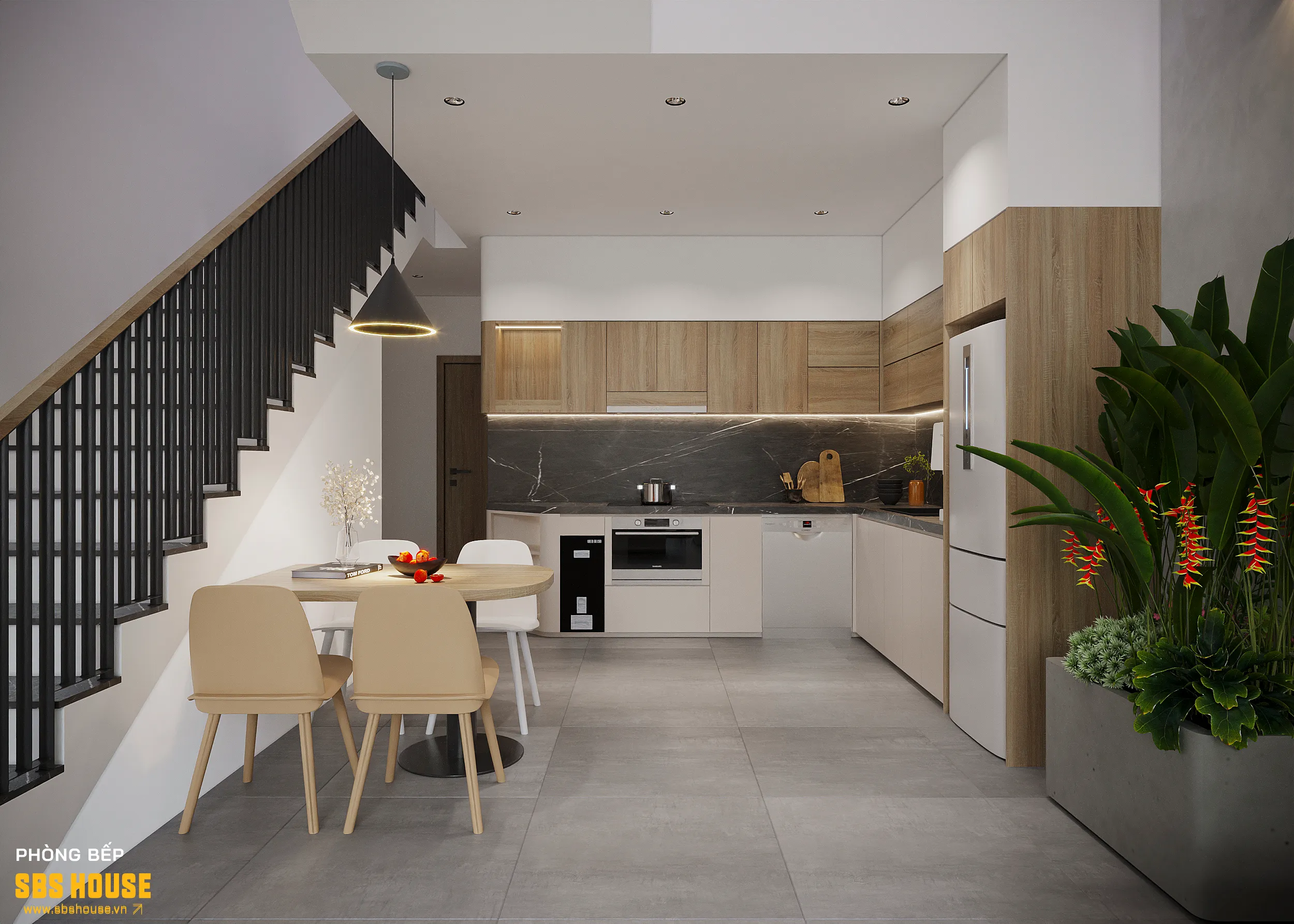 Mẫu thiết kế phòng bếp 15m2 hiện đại sử dụng gỗ nâu nhạt làm chất liệu chủ đạo