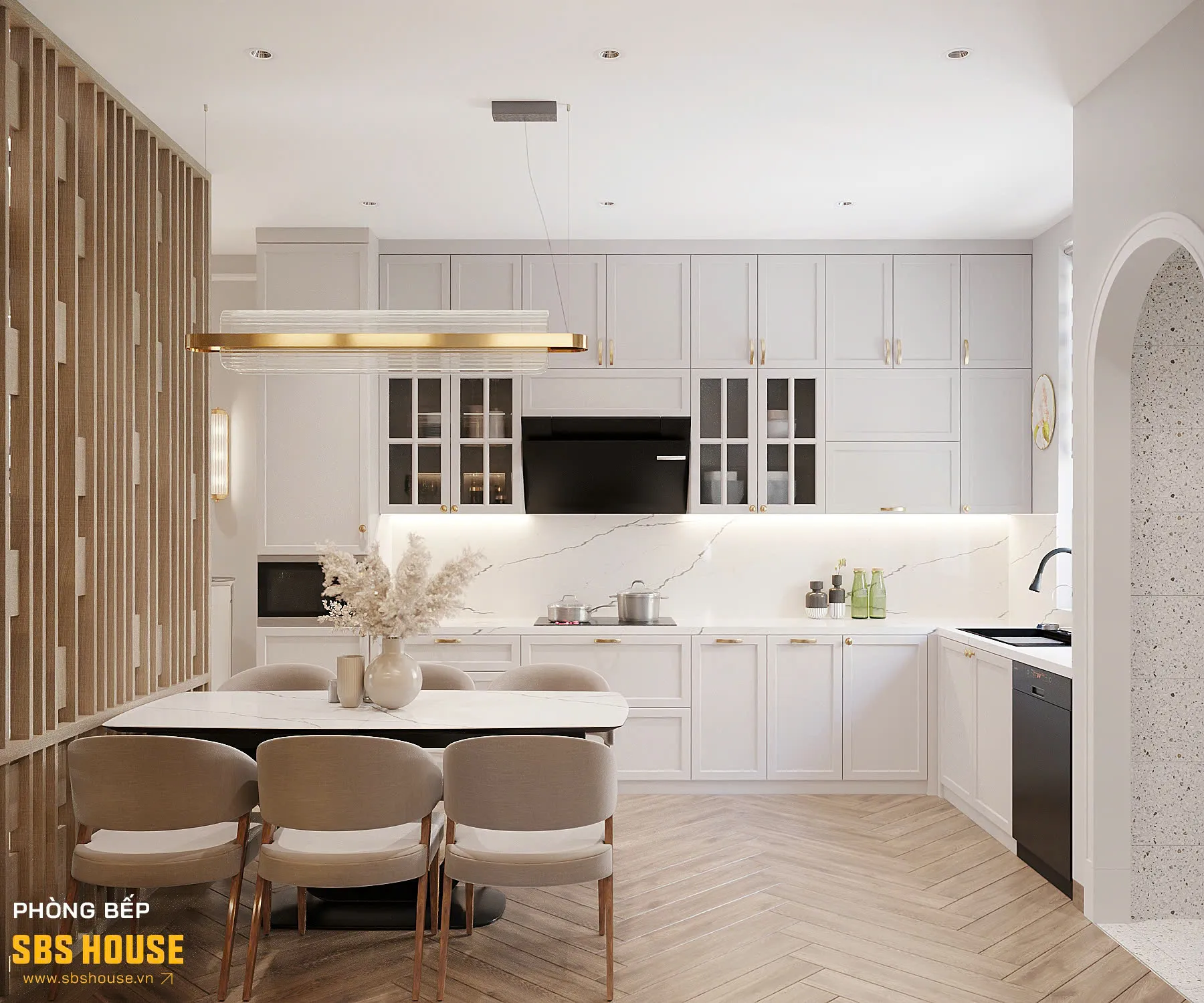Thiết kế phòng bếp 15m2 theo phong cách tân cổ điển mang lại không gian nấu nướng tiện nghi và sang trọng