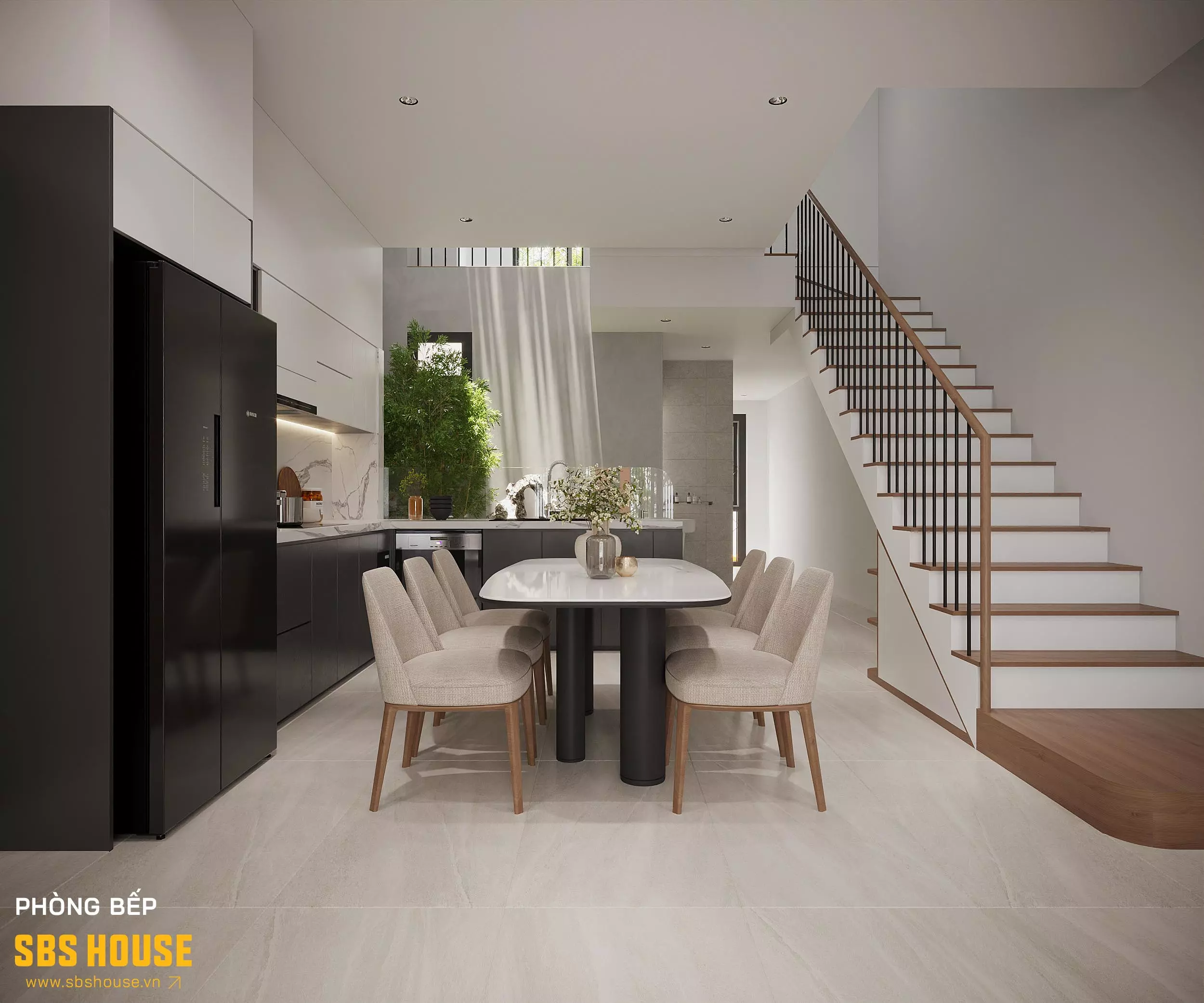 Mẫu thiết kế phòng bếp 15m2 tạo ấn tượng với gam màu trắng kem thanh lịch