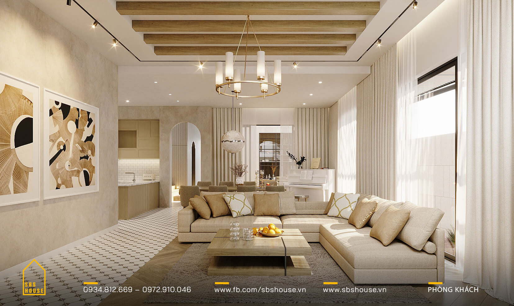 phòng khách kích thước 30m2 đẹp Địa Trung Hải 
