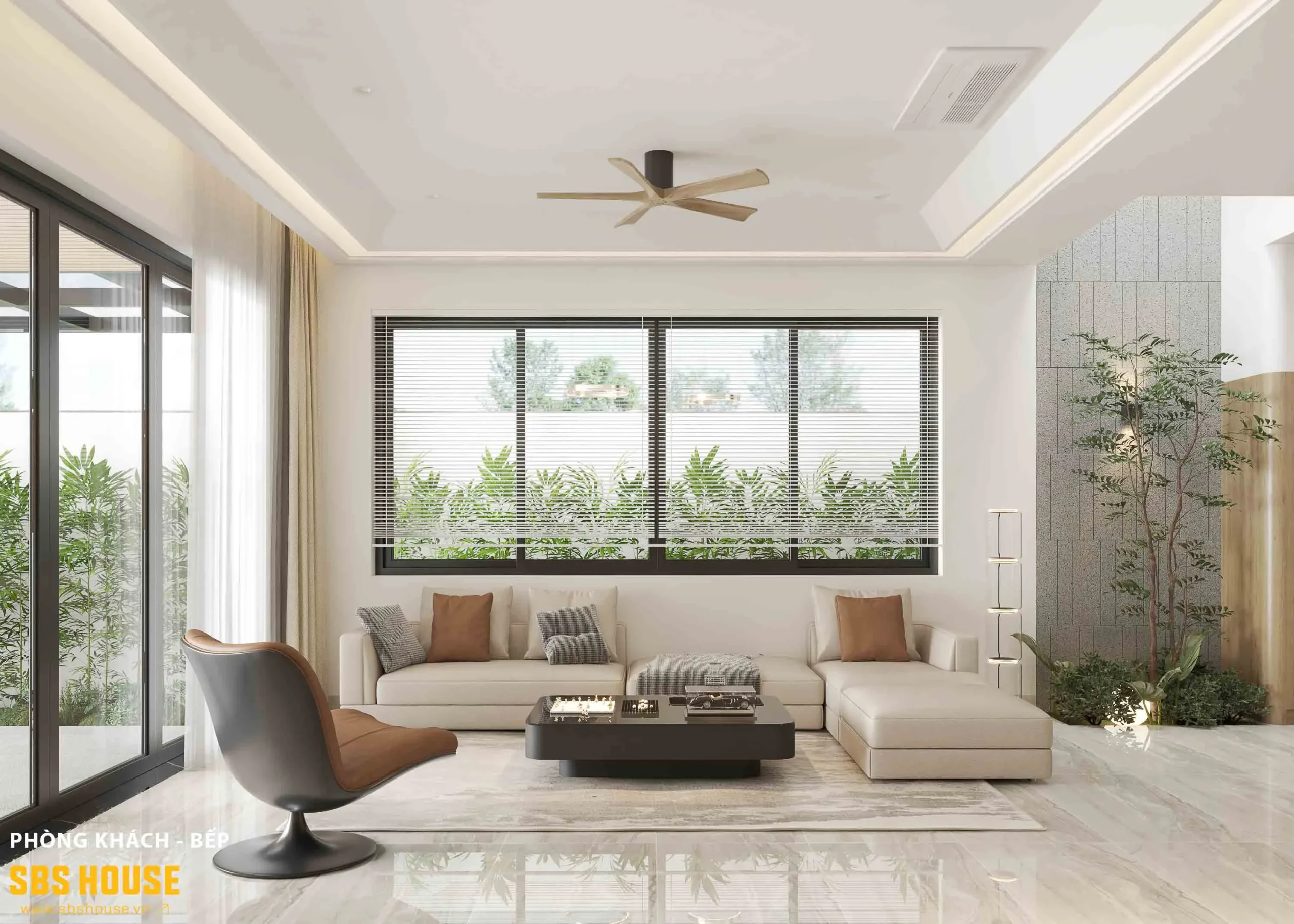 Tone màu trung tính phối hợp hài hòa cùng ánh sáng tự nhiên tạo nên không gian ngủ êm dịu, dễ chịu.