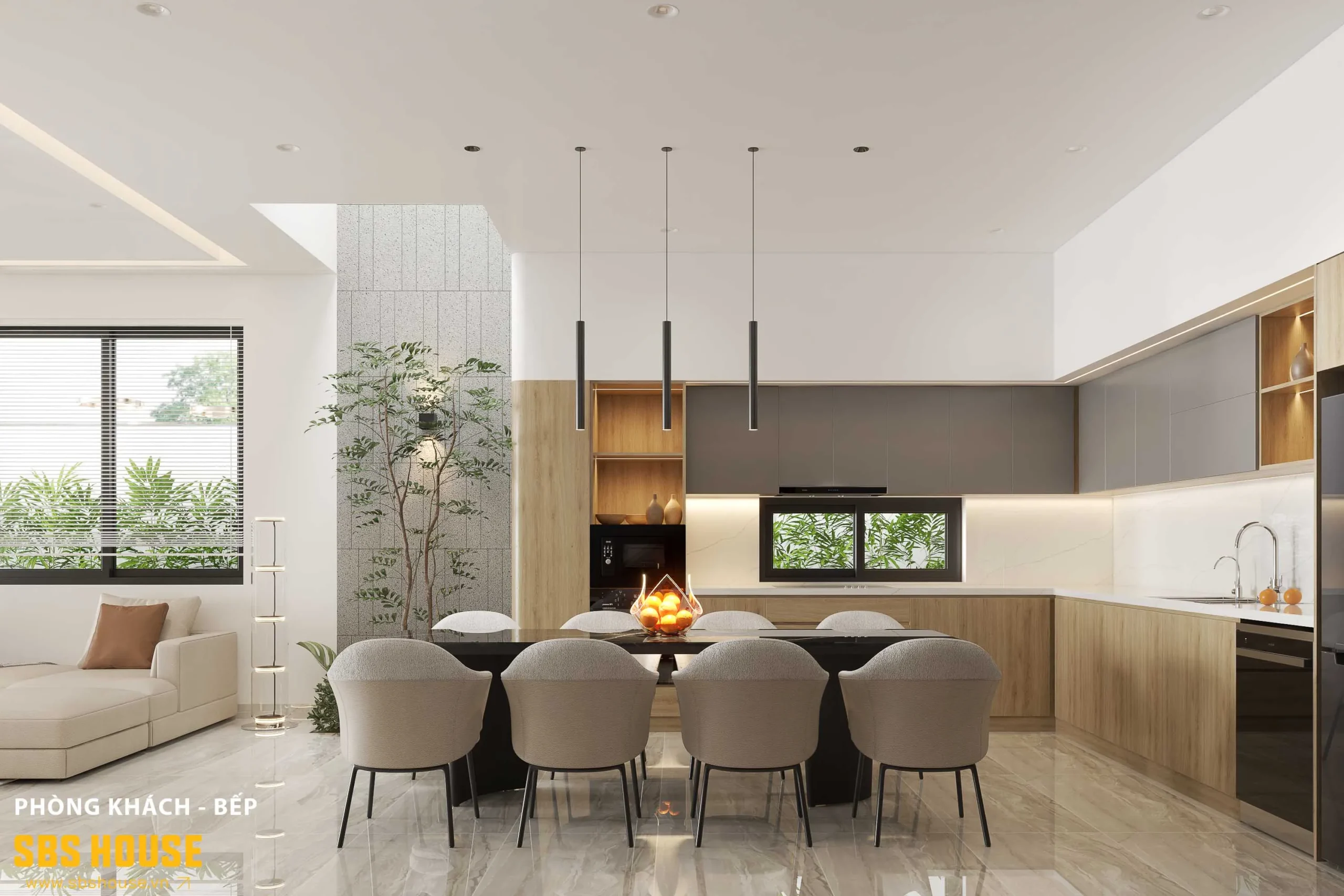 Nội thất gỗ công nghiệp tông trung tính tối giản nhưng vẫn giữ được sự ấm áp và sang trọng.