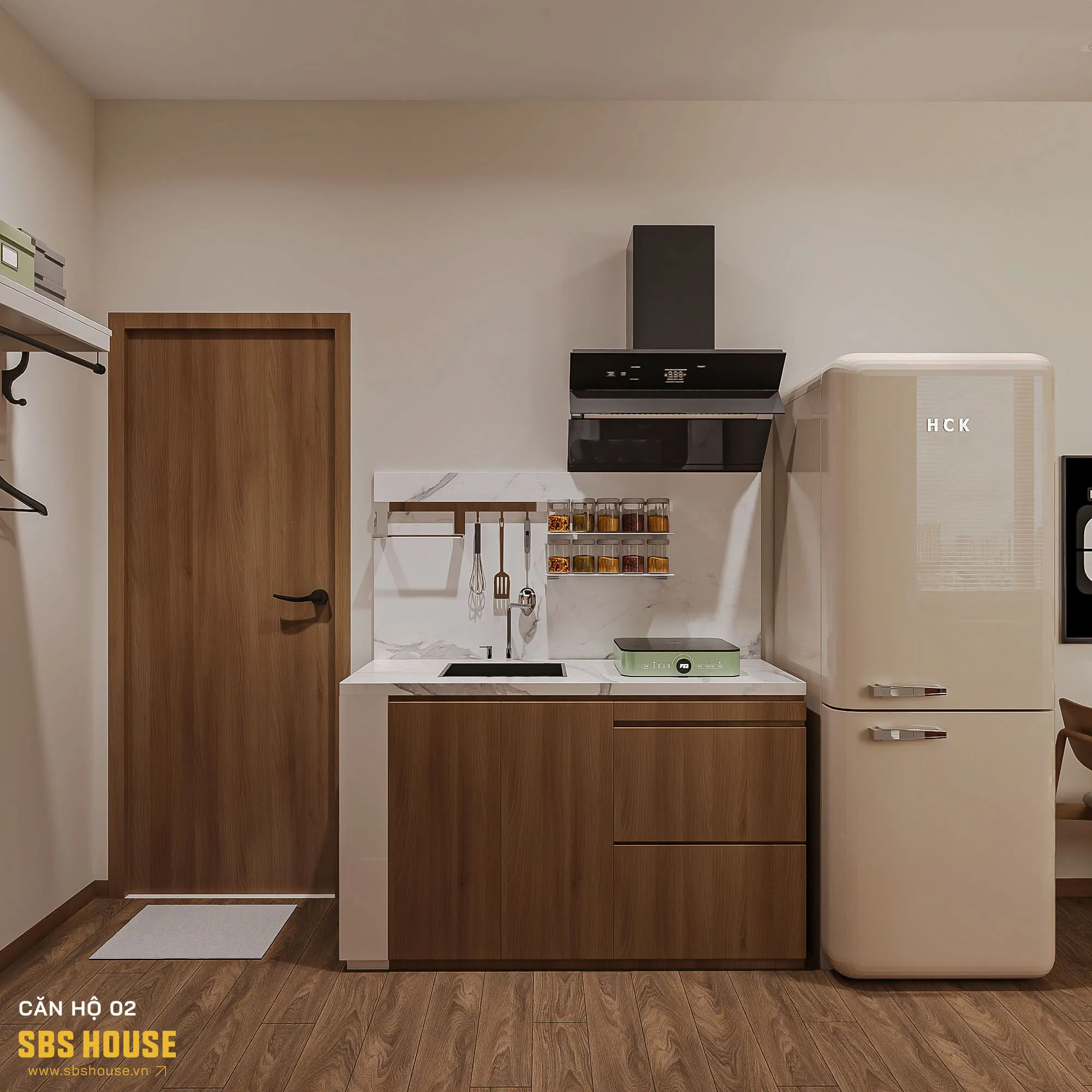Thiết kế mở giữa phòng bếp và khu sinh hoạt giúp tiết kiệm diện tích và tăng tính kết nối.
