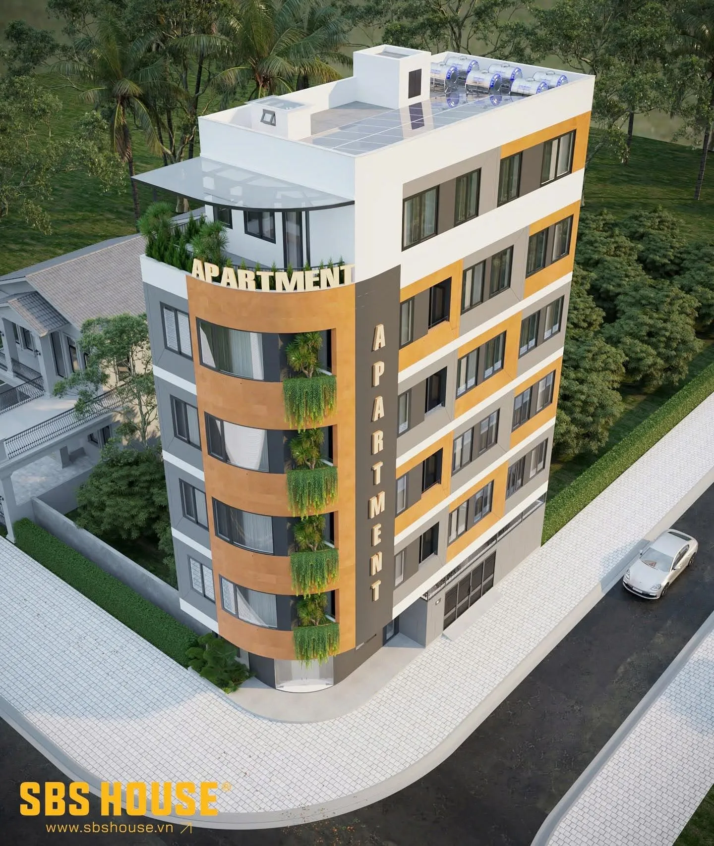 Mặt tiền hiện đại với hệ cửa kính lớn và các khoảng xanh giúp công trình luôn sáng và thông thoáng.