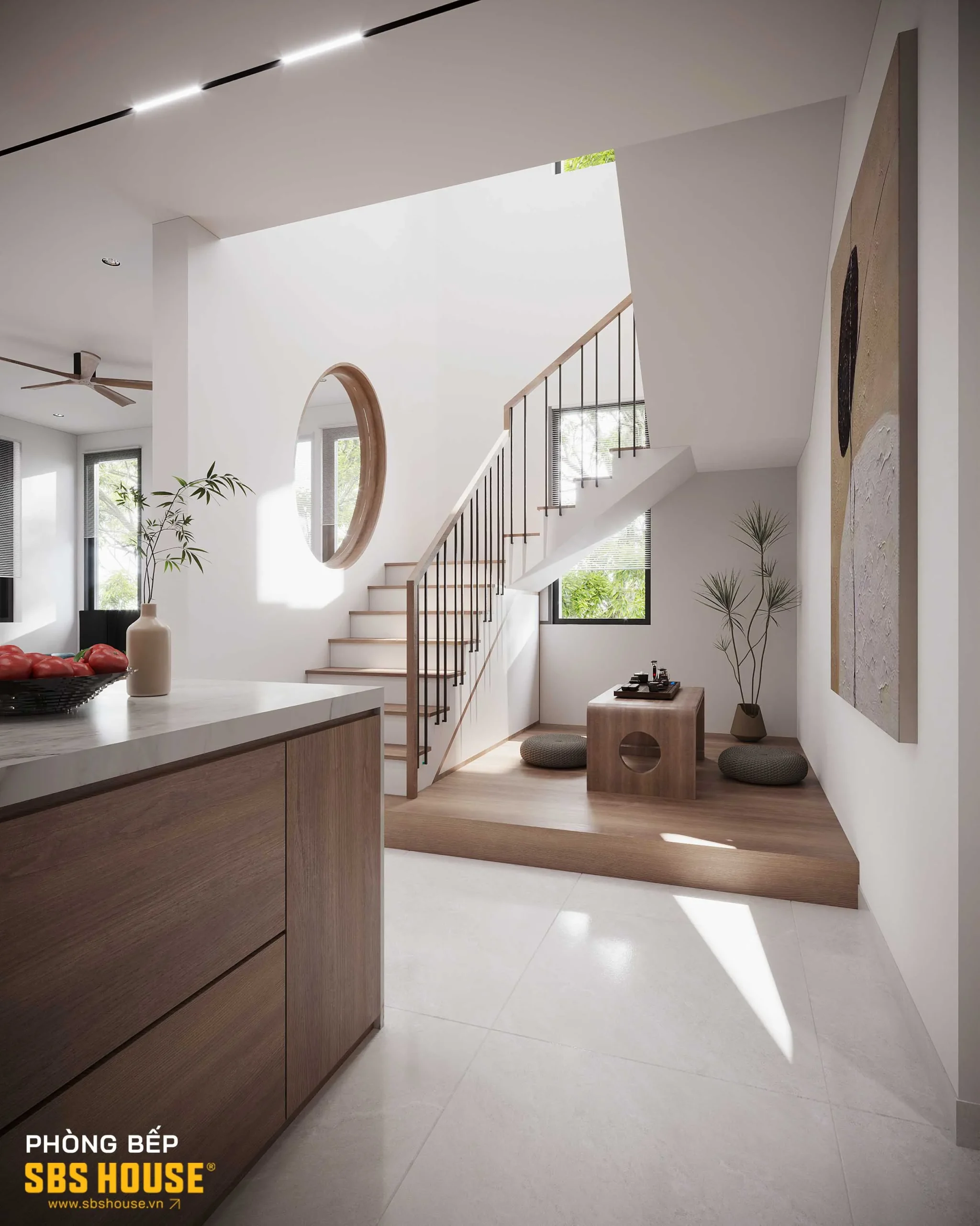 C's House ứng dụng các hệ cửa kính để rộng mở không gian. Khu vực dưới gầm cầu thang này được tận dụng đặt bàn trà để gia chủ có thể ngồi thư giãn