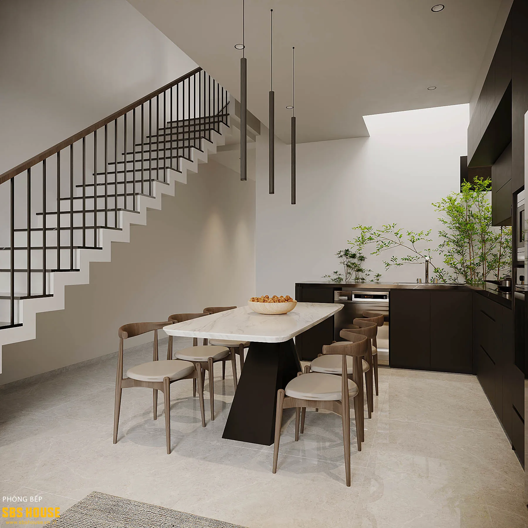 Khu bếp ăn ấm cúng với nội thất gỗ nâu trầm