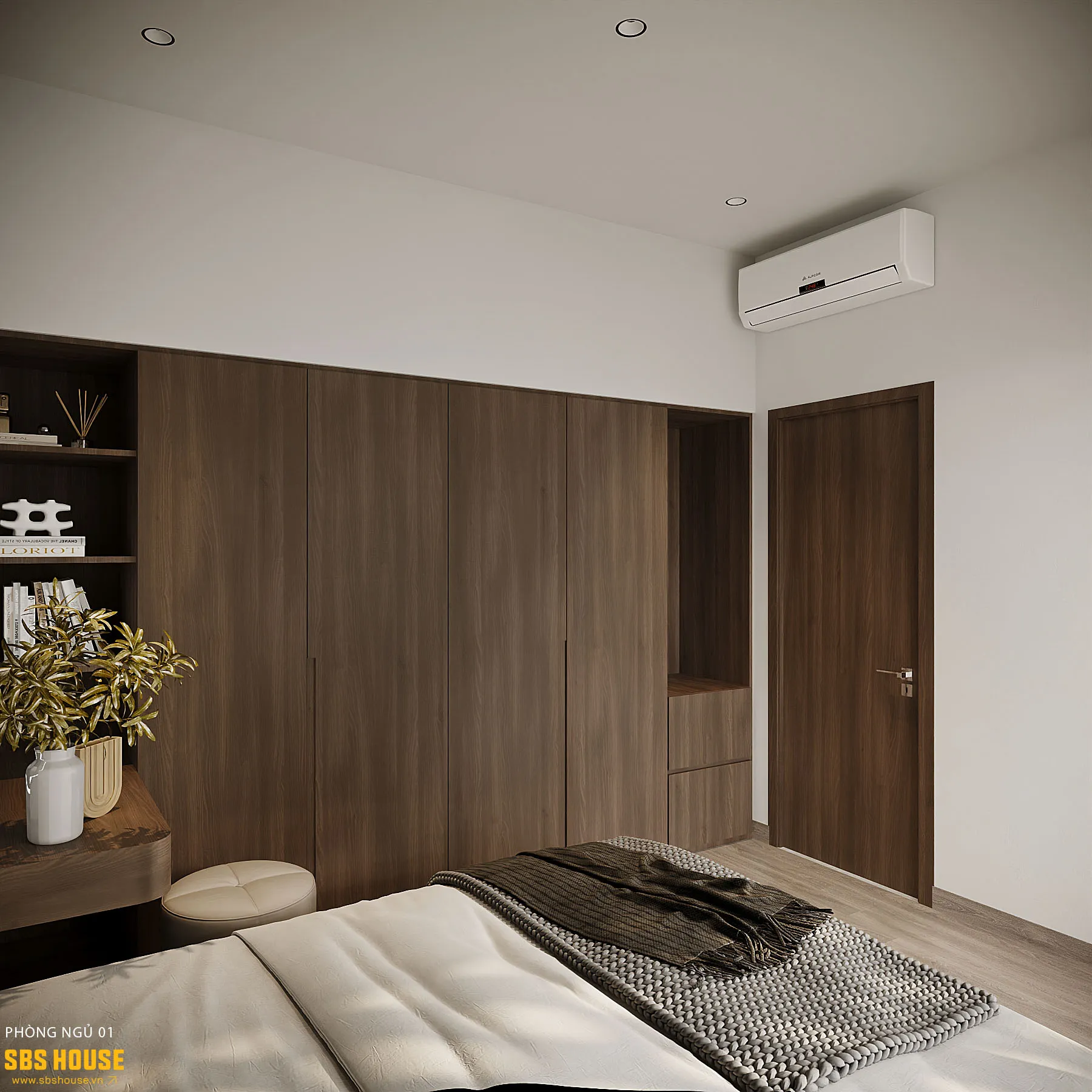 Thiết kế tối giản với tông trắng xám gỗ mang đến cảm giác thư giãn