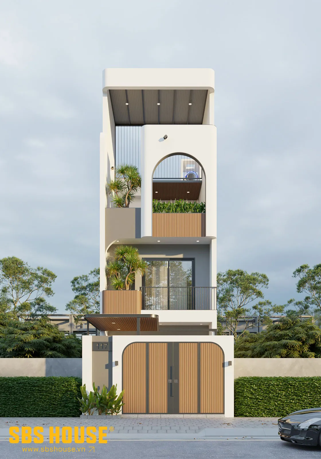 Toàn cảnh mặt tiền P’s House với hệ mái cao ấn tượng