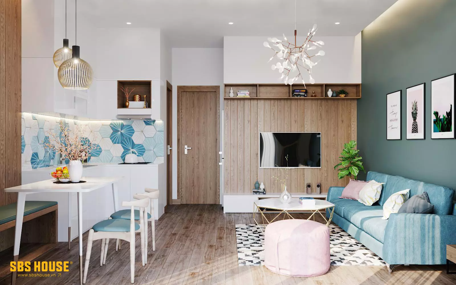Thiết kế nội thất căn hộ với 3 tông màu chính là trắng - xanh dương và nâu làm chủ đạo