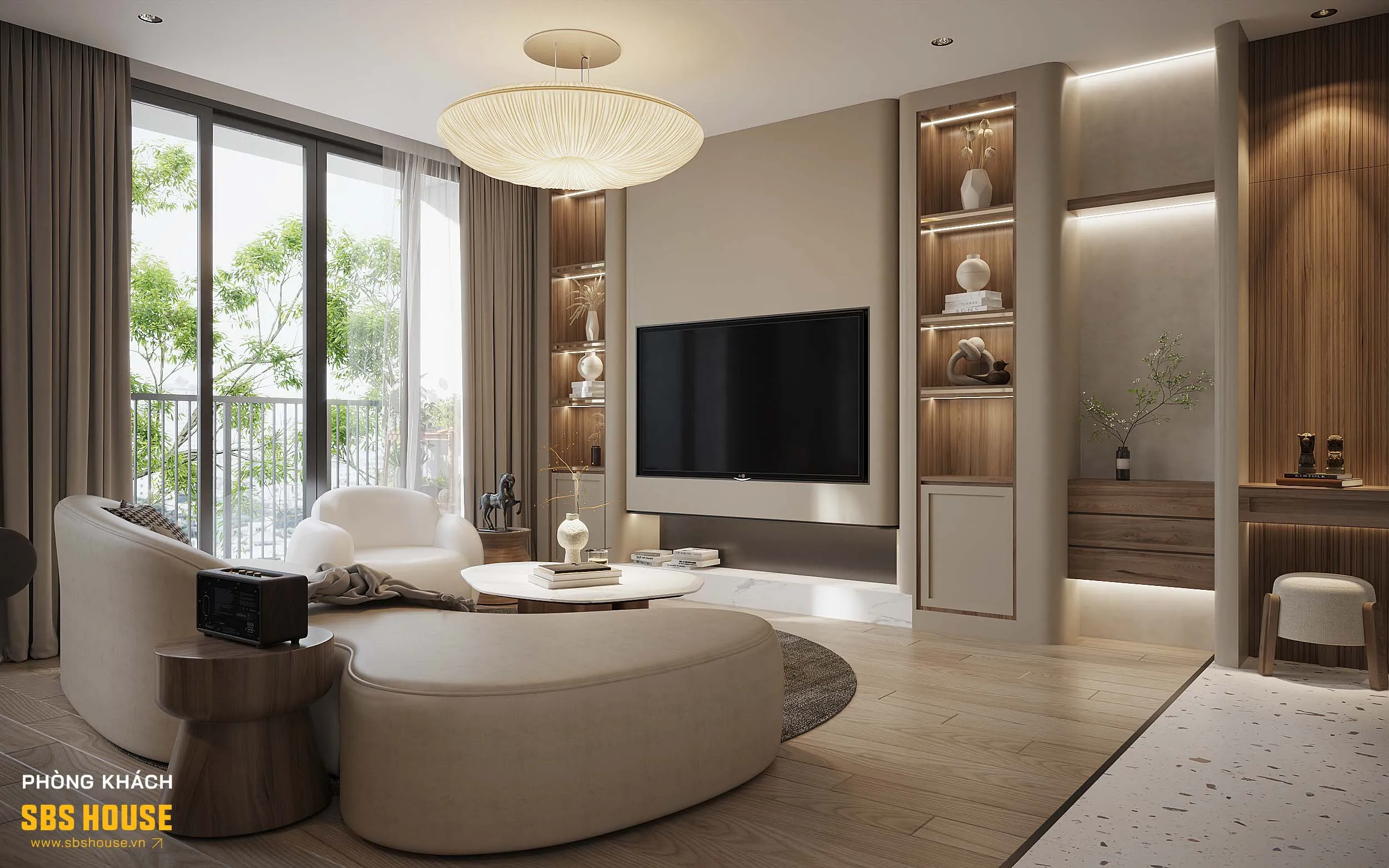 Mỗi chi tiết trong căn hộ đều được tính toán tỉ mỉ, từ những đường bo cong mềm mại ở ghế, bàn, giường ngủ cho đến sự kết hợp hài hòa giữa chất liệu và ánh sáng.