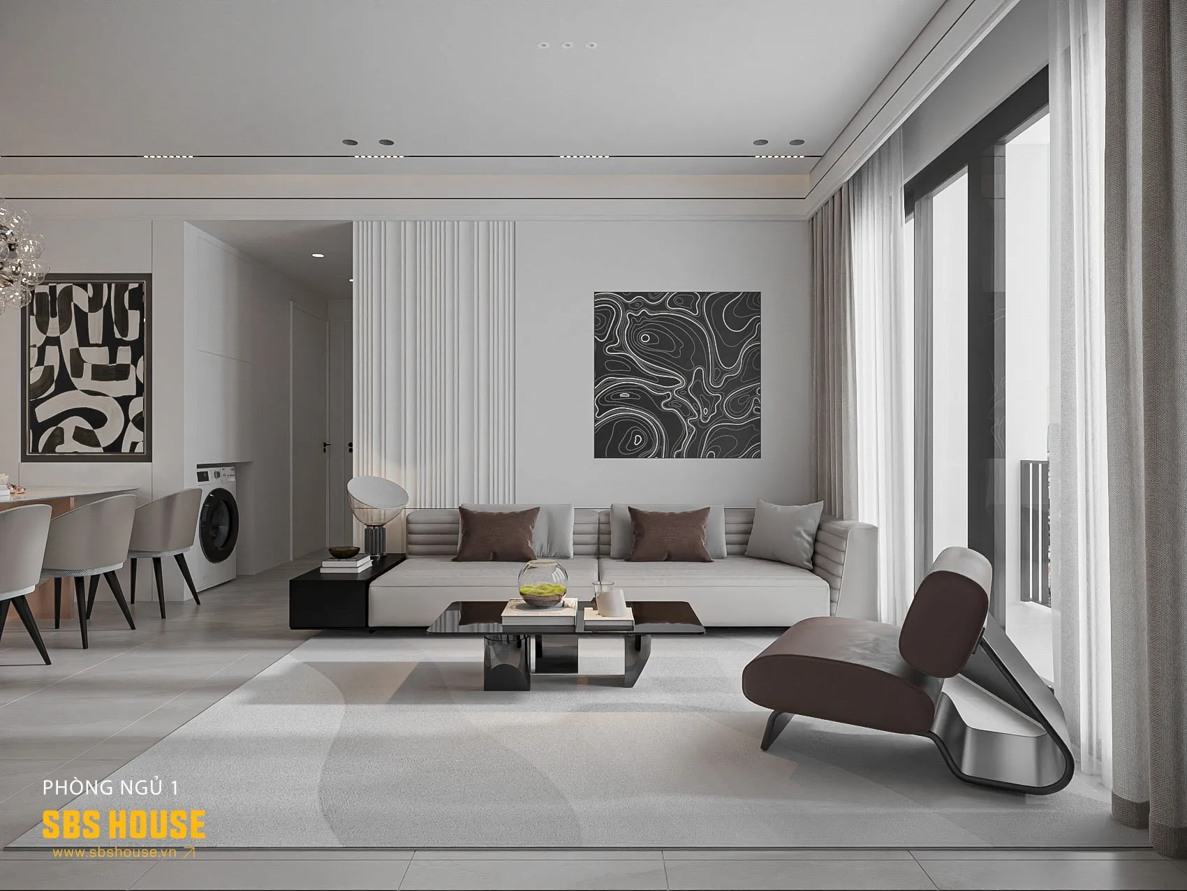 Với lợi thế là căn hộ trên cao cùng ánh sáng dồi dào, SBS HOUSE đã bố trí nội thất hiện đại, tinh giản kết hợp hài hòa giữa màu sắc, vật liệu để không gian có chiều sâu hơn