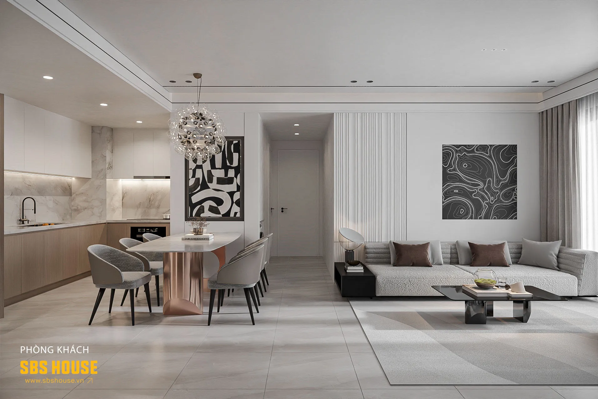 Không gian khách - bếp liên thông, đội ngũ KTS của SBS HOUSE đã tạo nên sự liên kết tổng thể trong không gian này